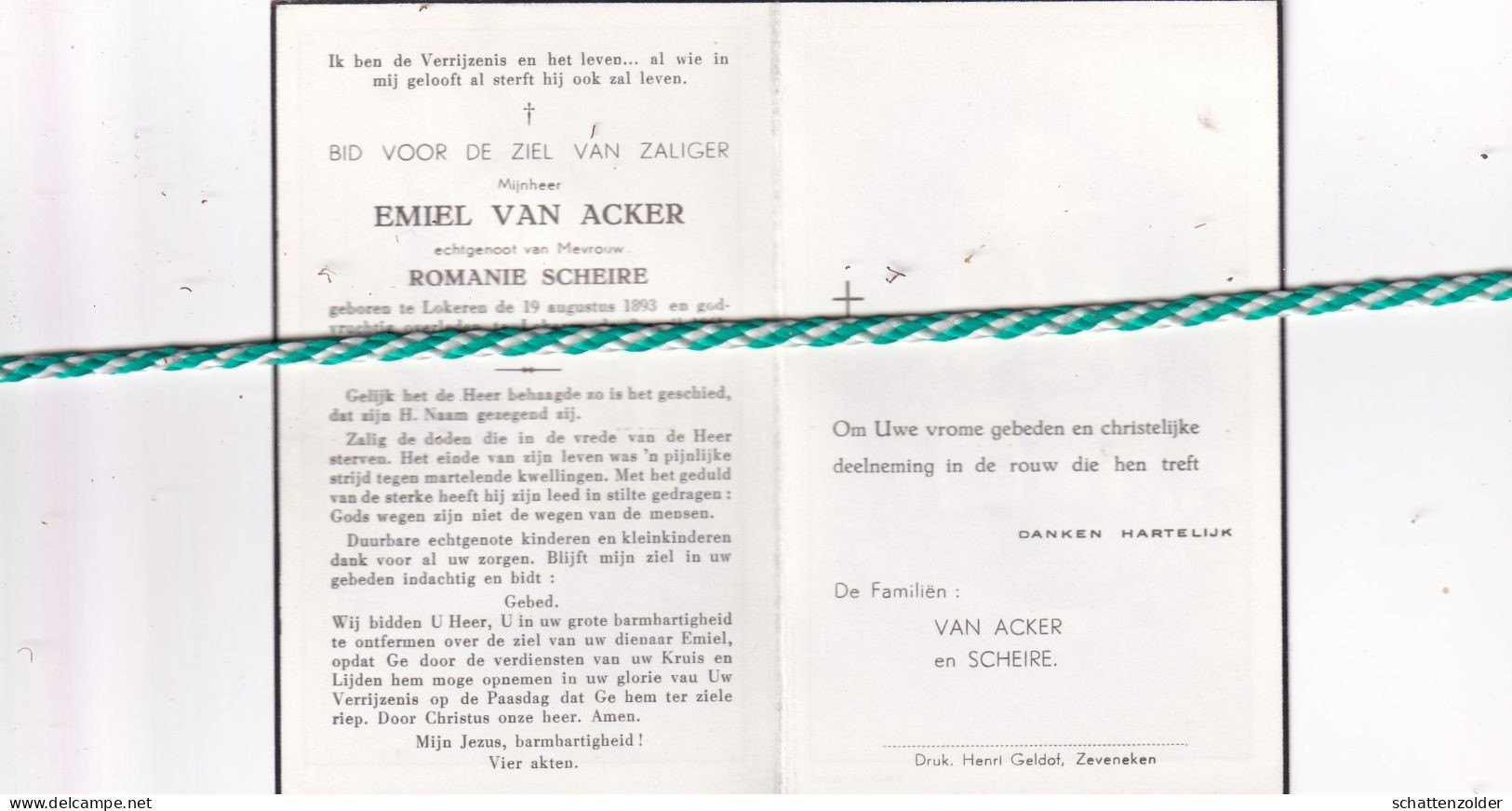 Emiel Van Acker-Scheire, Lokeren 1893, 1961 - Obituary Notices