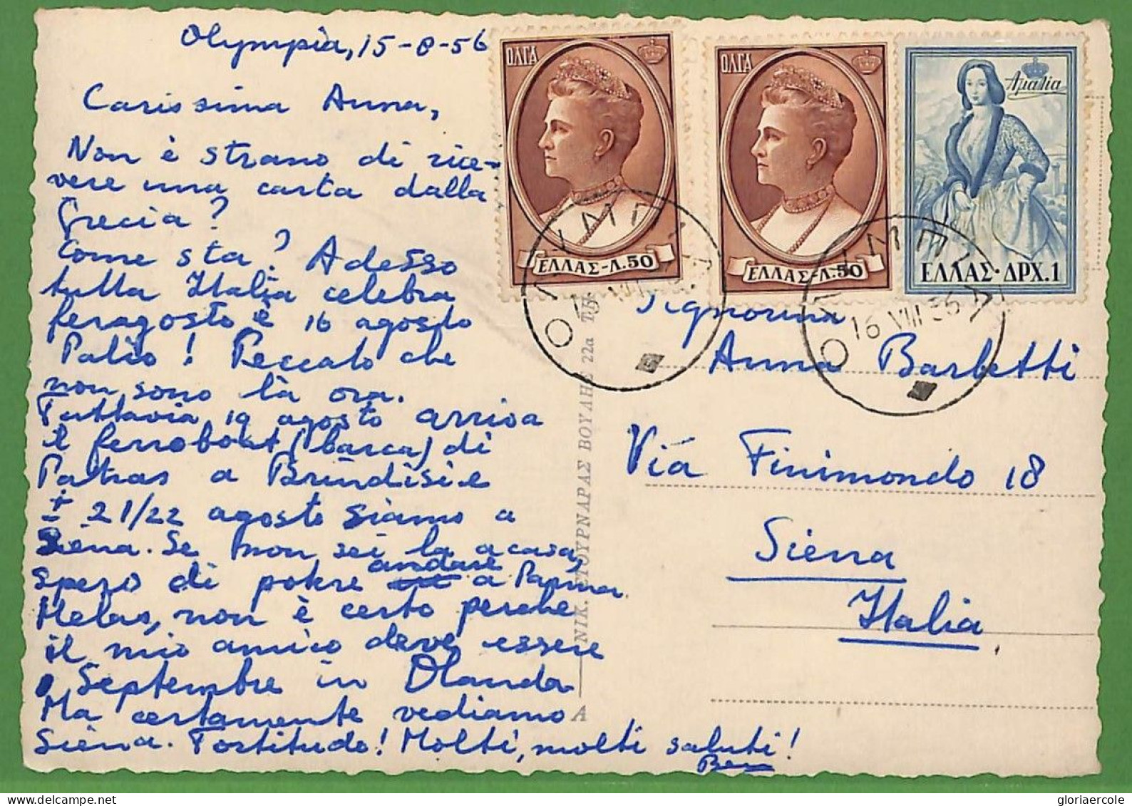 Ad0902 - GREECE - Postal History -  POSTCARD To ITALY 1956 - Brieven En Documenten