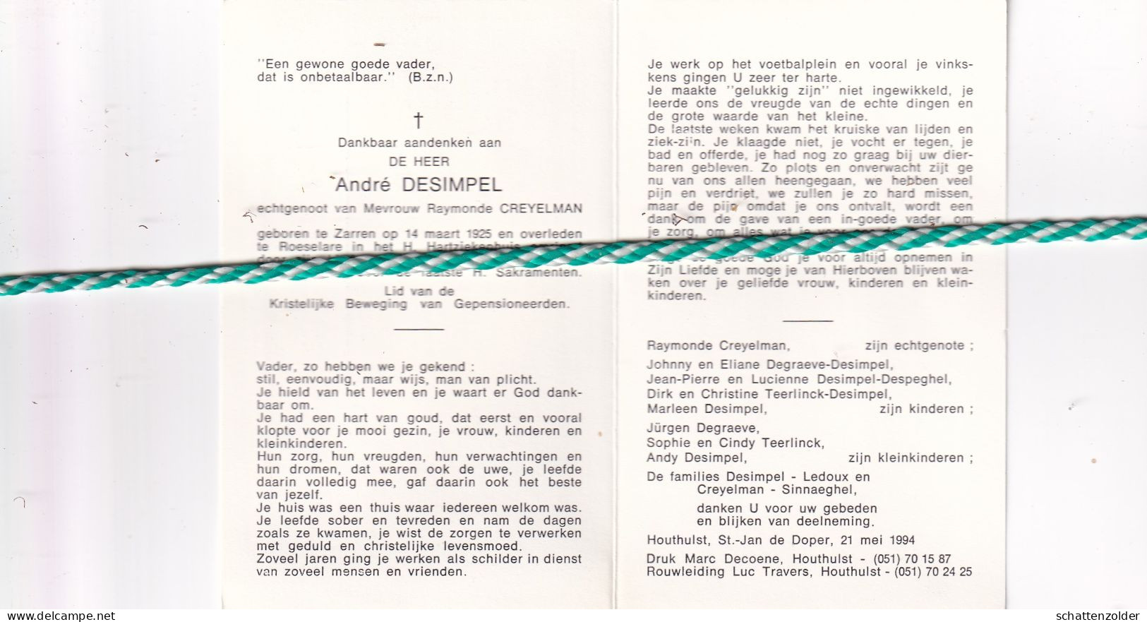 André Desimpel-Creyelman, Zarren 1925, Roeselare 1994 - Obituary Notices