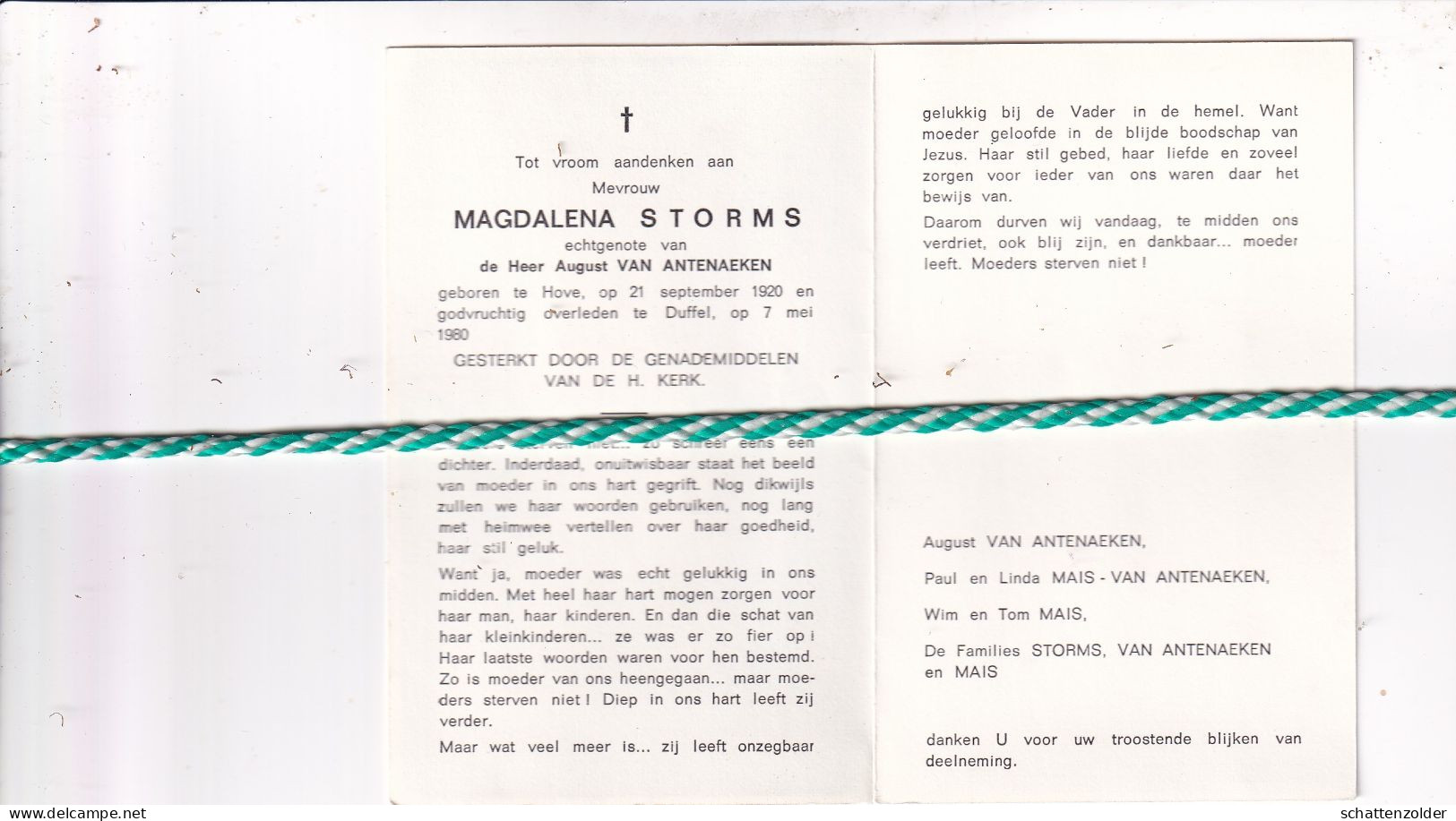 Magdalena Storms-Van Antenaeken, Hove 1920, Duffel 1980 - Obituary Notices