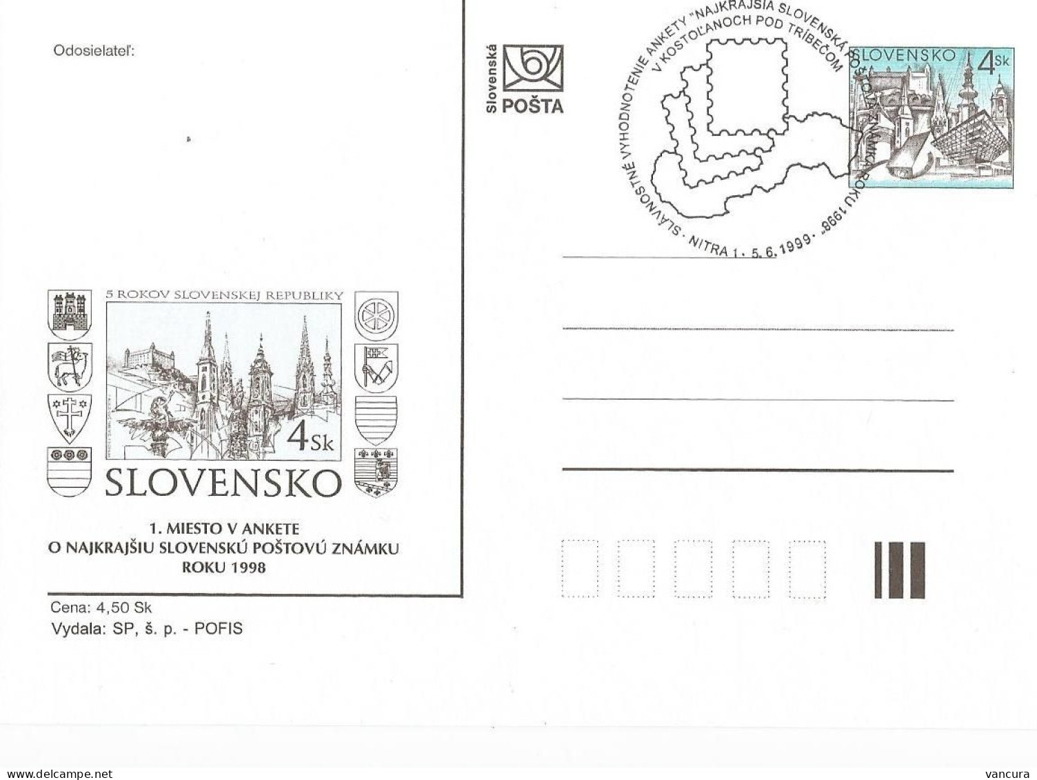 CDV 33 Slovakia Best Slovak Stamp Of 1998 - Fifth Anniversary Of Slovakia Issued In 1999 Bratislava Castle And Churches - Schlösser U. Burgen