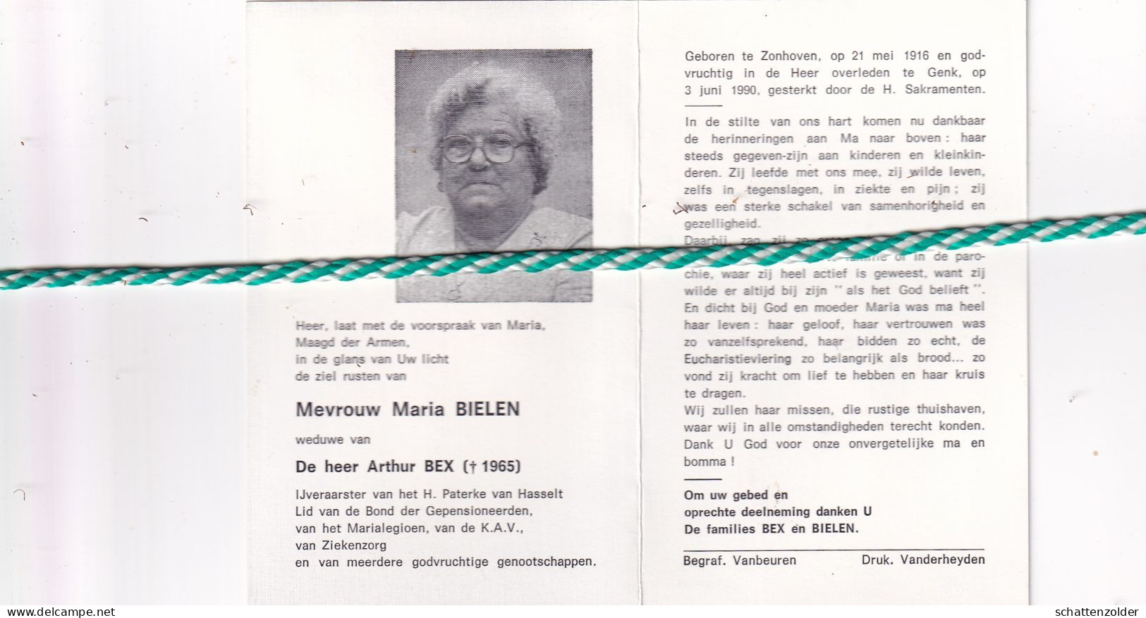 Maria Bielen-Bex, Zonhoven 1916, Genk 1990. Foto - Obituary Notices