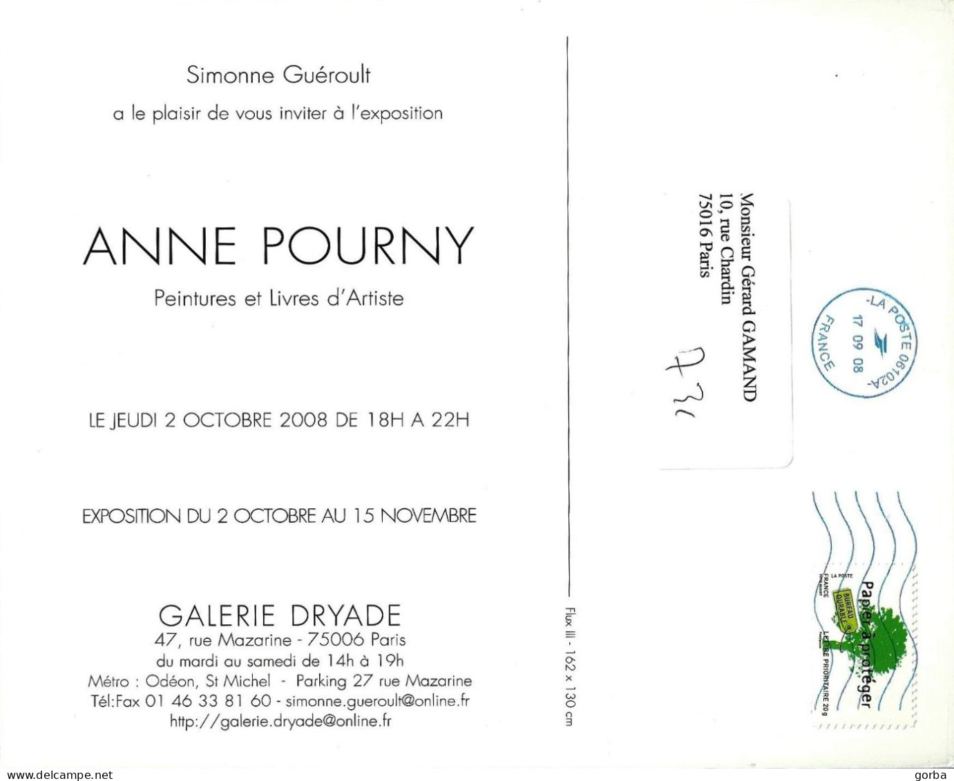 *CPM - 18 X 22.5 - Peinture De Anne POURNY - Invitation Galerie Dryade à PARIS (75) - Exhibitions
