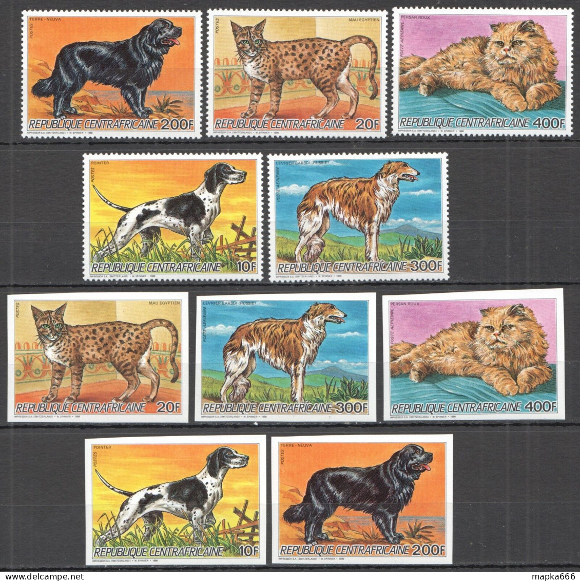 B1522 Imperf,Perf 1986 Central Africa Animals Pets Cats & Dogs #(1227-31)A+B Mnh - Katten