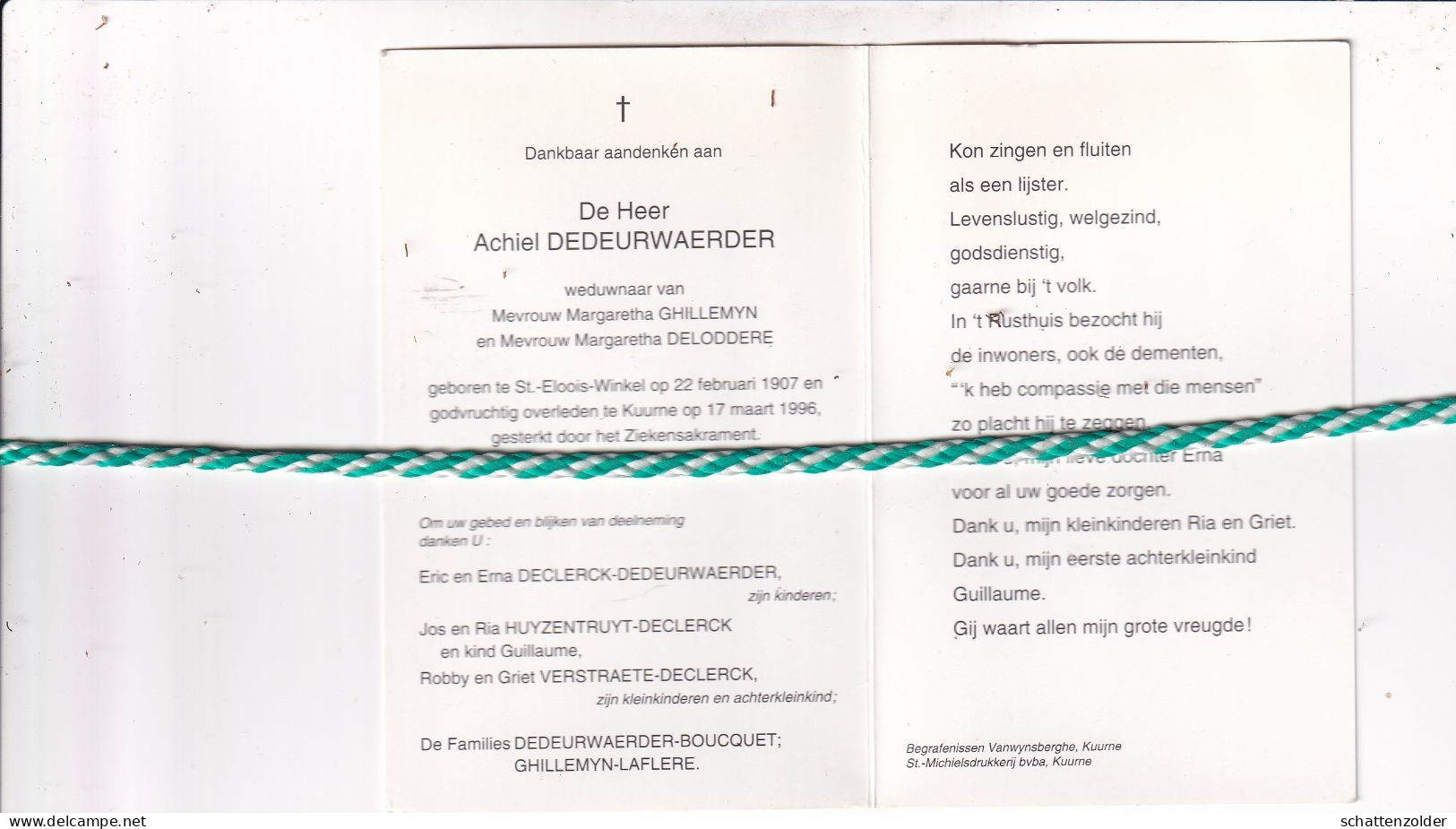 Achiel Dedeurwaerder-Ghillemyn-Deloddere, Sint-Eloois-Winkel 1907, Kuurne 1996. Foto - Todesanzeige