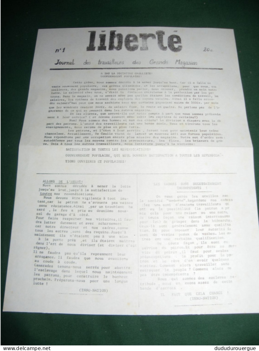 PROPAGANDE MAI 1968 : LIBERTE , JOURNAL DES TRAVAILLEURS DE GRANDS MAGASINS : LE N° 1 20 C. - Non Classés