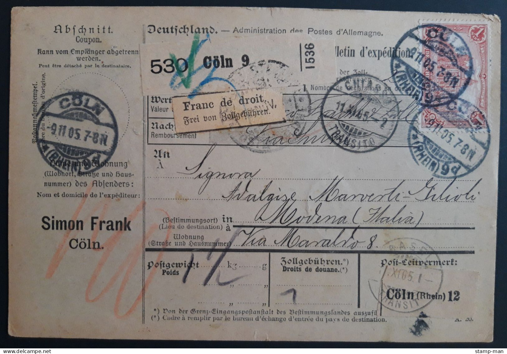 Deutsches Reich. 1905. Paketkarte Cöln-Modena (Italien). MiF MiNr 75 Und 78B. - Briefe U. Dokumente