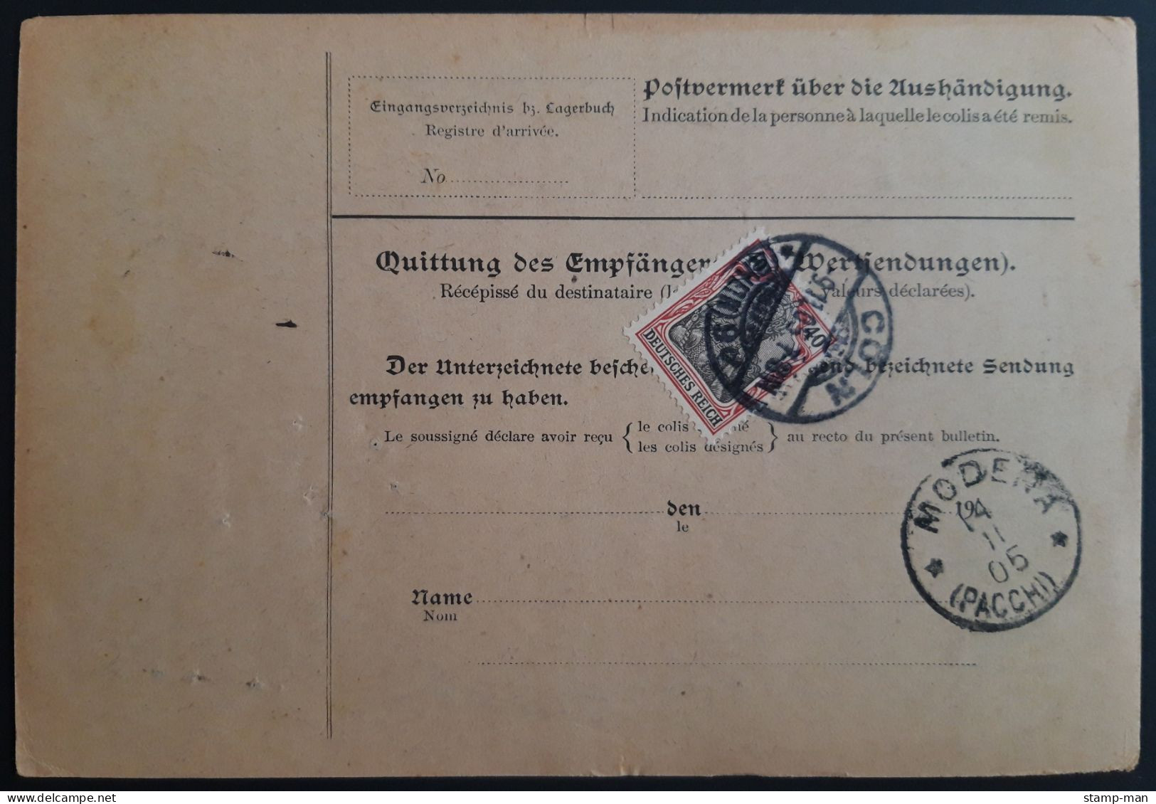 Deutsches Reich. 1905. Paketkarte Cöln-Modena (Italien). MiF MiNr 75 Und 78B. - Brieven En Documenten