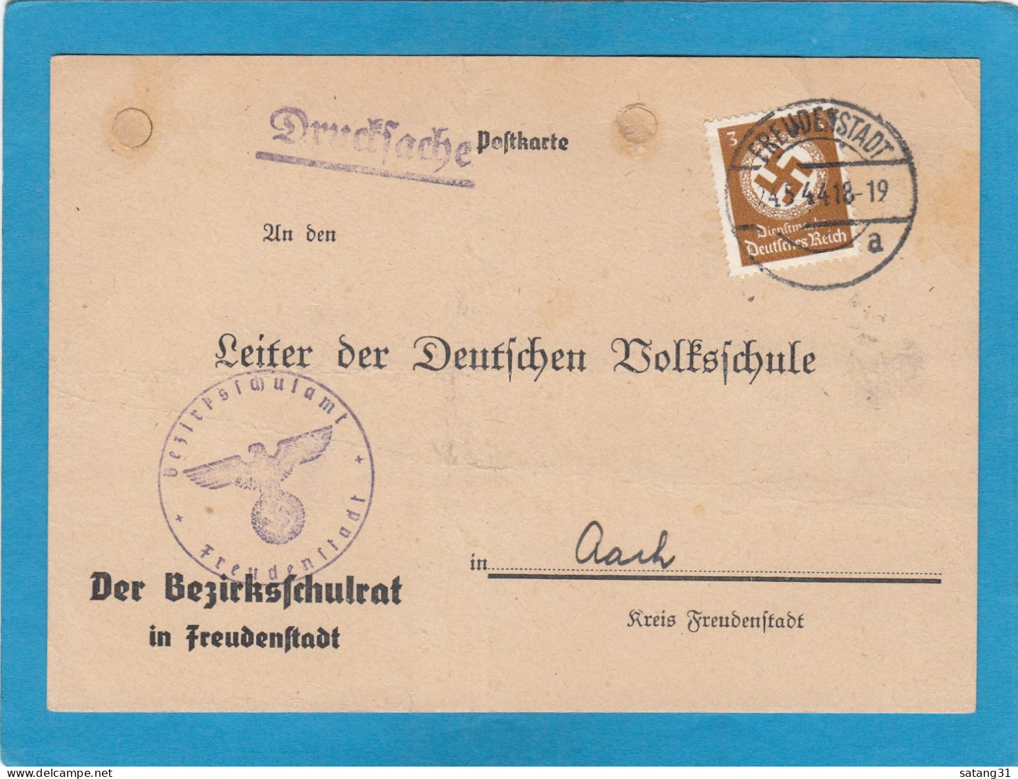 DER BEZIRKSSCHULRAT IN FREUDENSTADT. POSTKARTE NACH AACH. - Dienstzegels