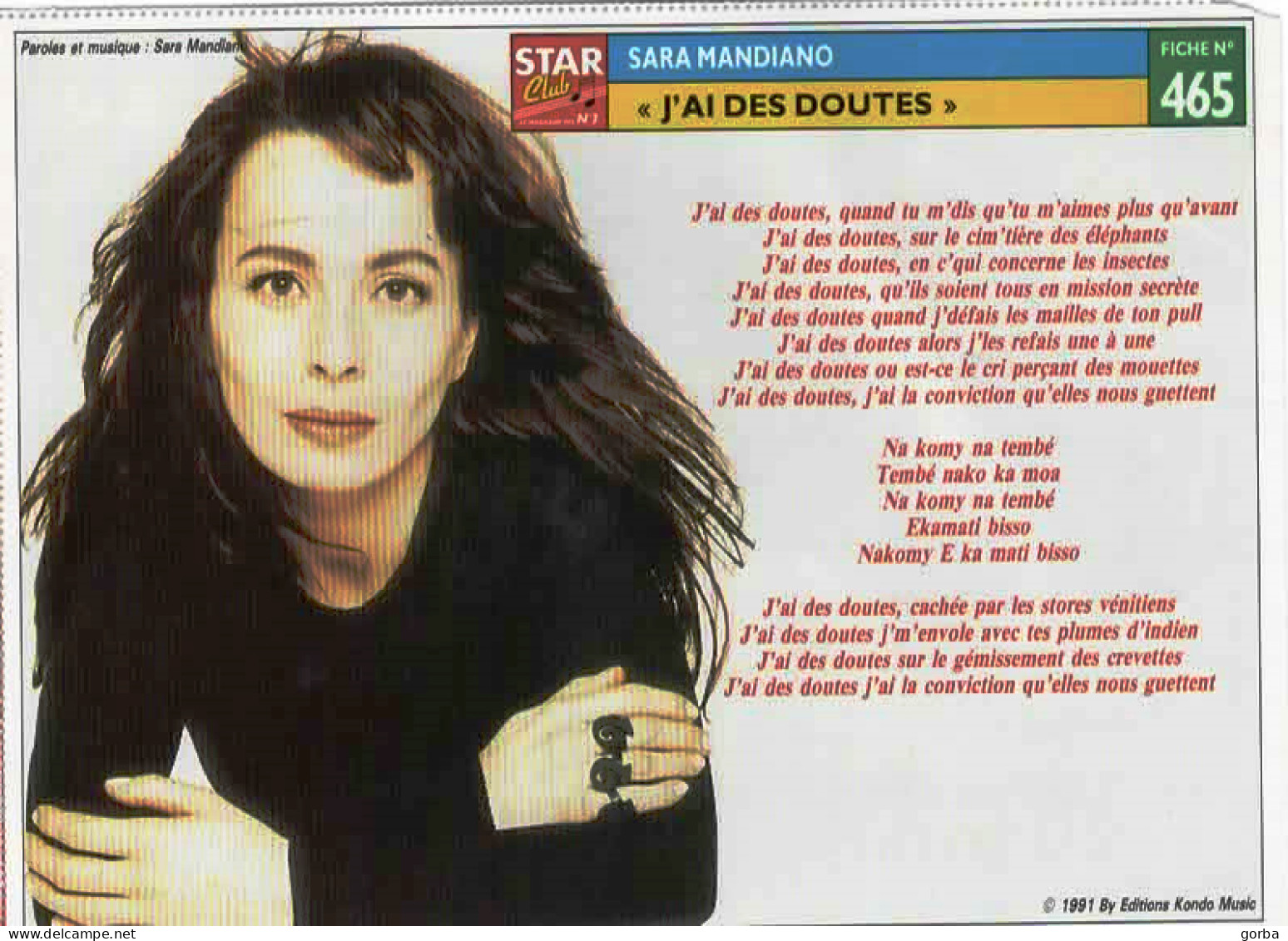 *Fiches Souple STAR Club - Portrait Chanteur Avec Chanson - Sara MANDIANO (recto) Et Les REMBRANTS (verso) - Other & Unclassified