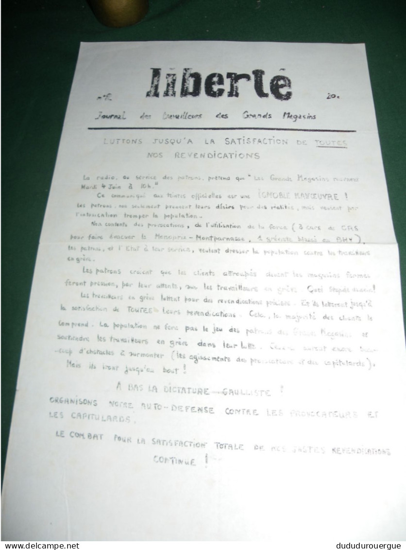 PROPAGANDE MAI 1968 : LIBERTE , JOURNAL DES TRAVAILLEURS DE GRANDS MAGASINS  LE N° 2 20 C. - Non Classés