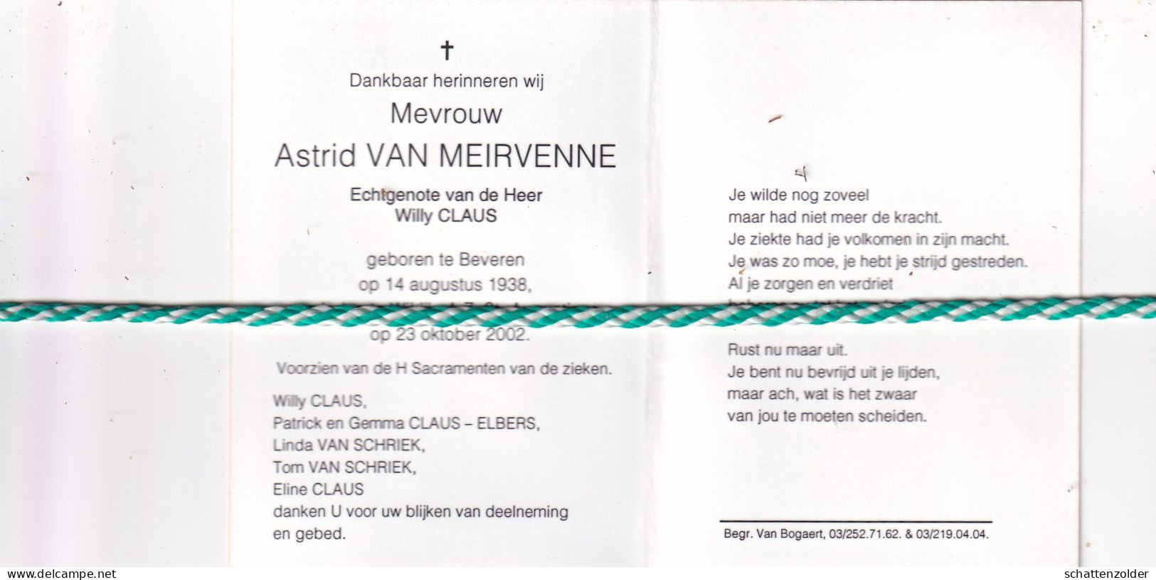 Astrid Van Meirvenne-Claus, Beveren 1938, Wilrijk 2002. Foto - Overlijden