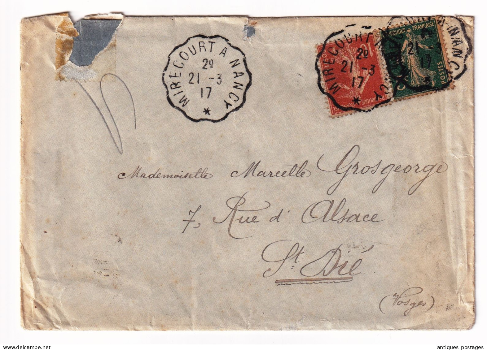 Lettre 1917 Cachet Convoyeur De Ligne Mirecourt à Nancy Semeuse Saint-Dié Vosges - Storia Postale