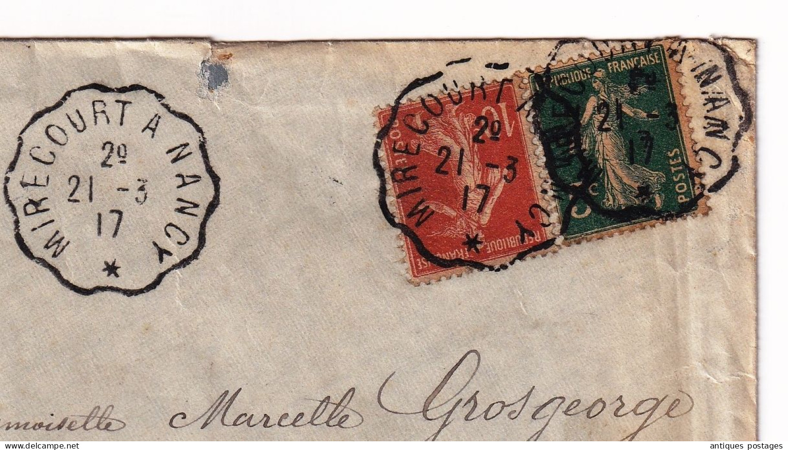 Lettre 1917 Cachet Convoyeur De Ligne Mirecourt à Nancy Semeuse Saint-Dié Vosges - Storia Postale