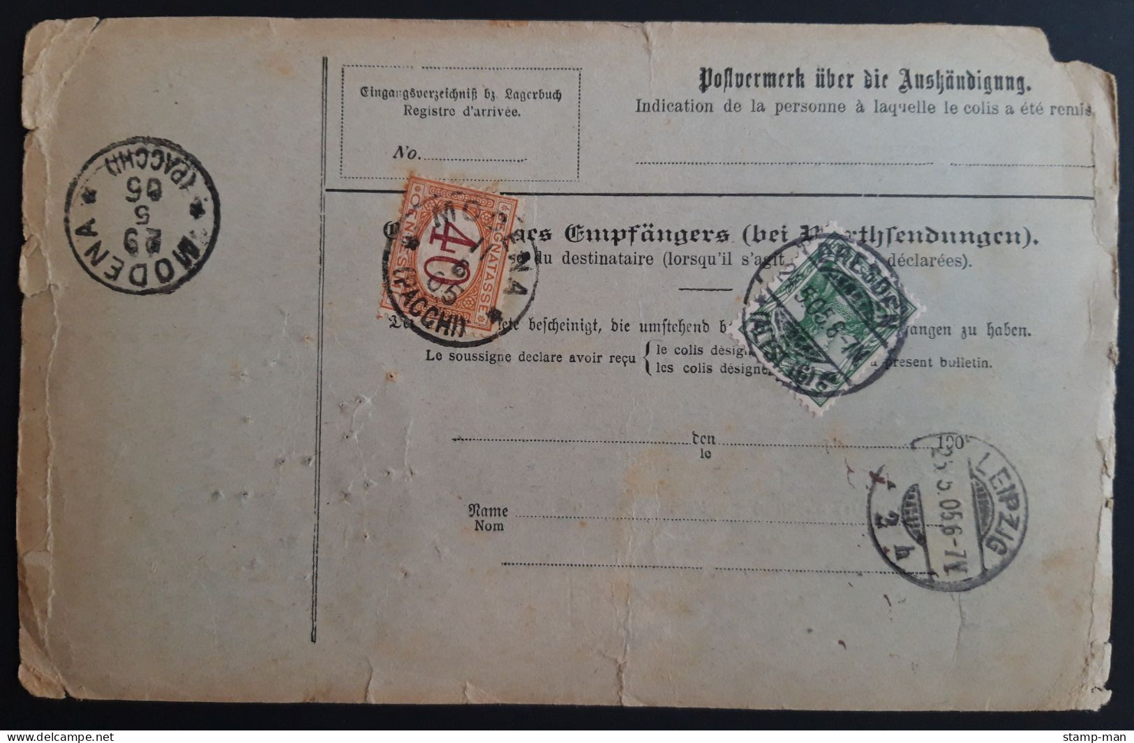 Deutsches Reich. 1905. Paketkarte Nachnahme NN Dresden-Modena (Italien). MiF MiNr 70, 77(2) Und Italien Steuermarke 40 C - Brieven En Documenten