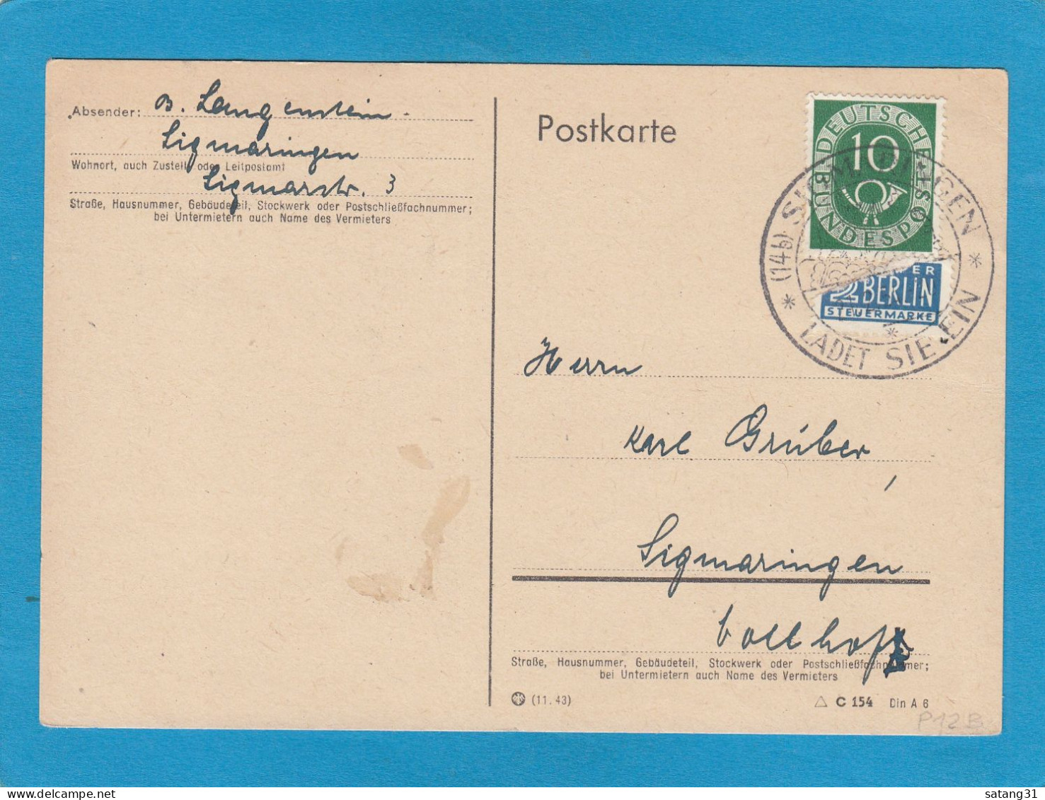 ORTSKARTE AUS SIGMARINGEN,1954. - Storia Postale