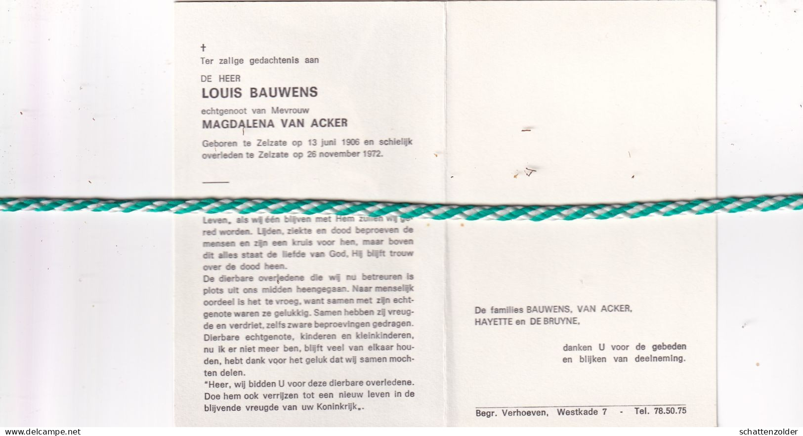 Louis Bauwens-Van Acker, Zelzate 1906, 1972 - Obituary Notices