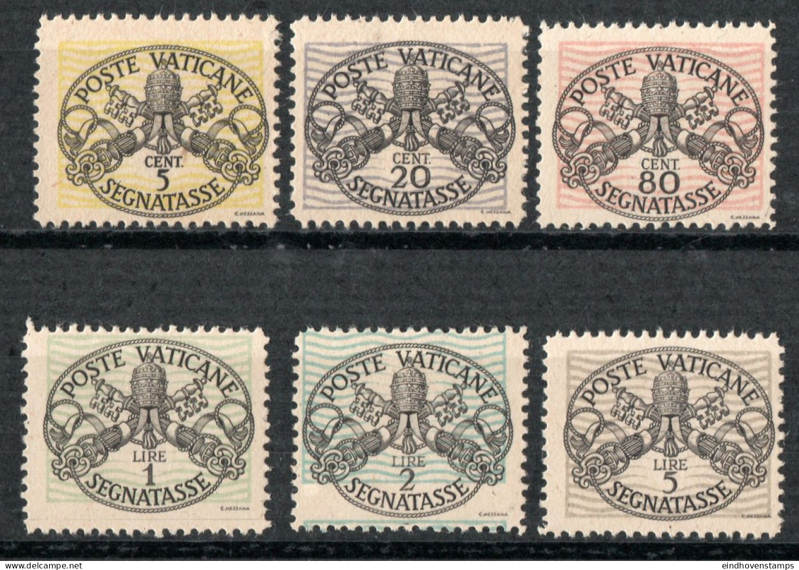 Vatican 1945, Postage Due 5c - 5 L Small Coloured Lines 6 Values Mi P7-12 X I MNH - For Comparison With Types II - Strafport