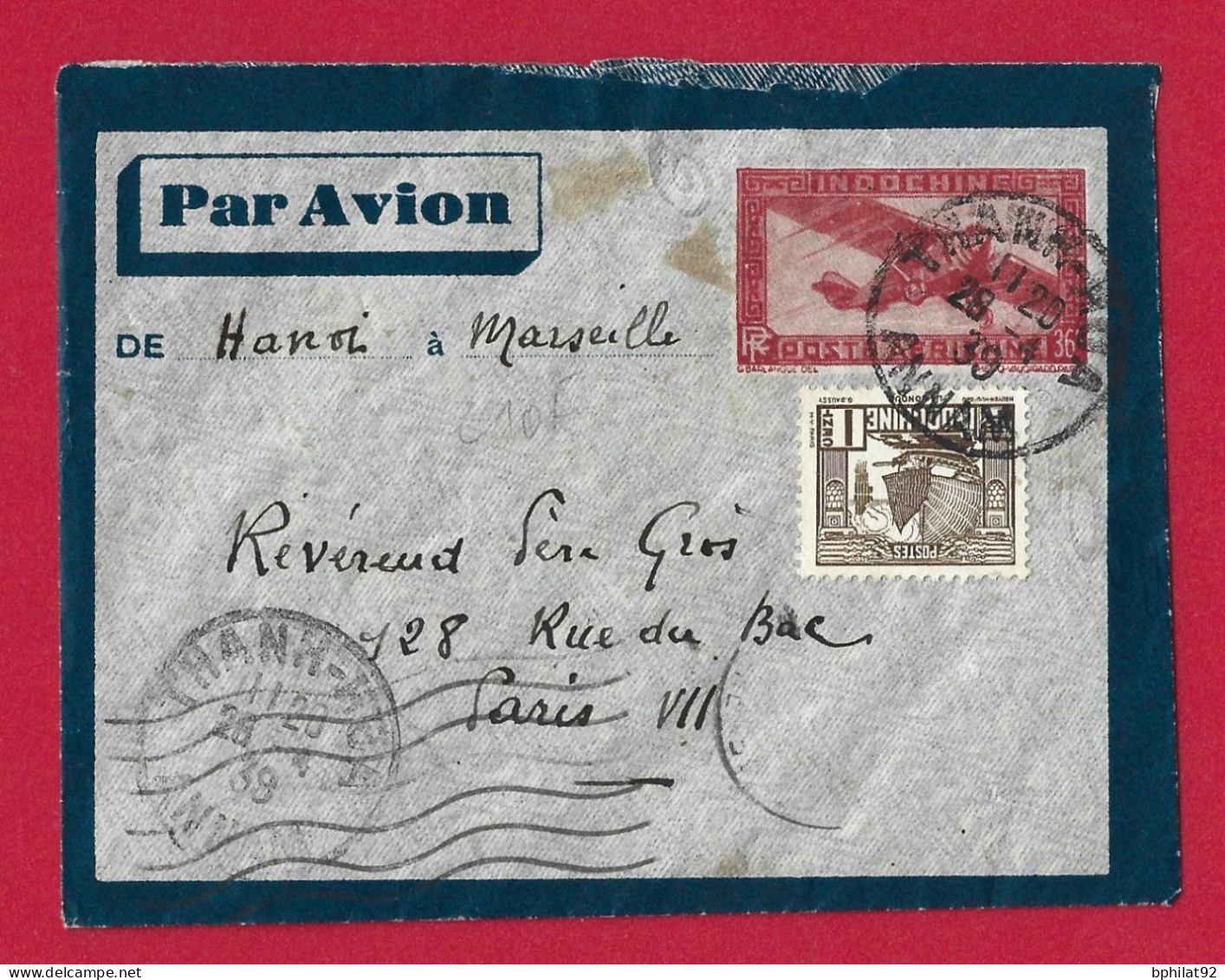 !!! INDOCHINE, ENTIER POSTAL PAR AVION DE THANH-HUA, ANNAM POUR PARIS D'AVRIL 1939 - Luftpost