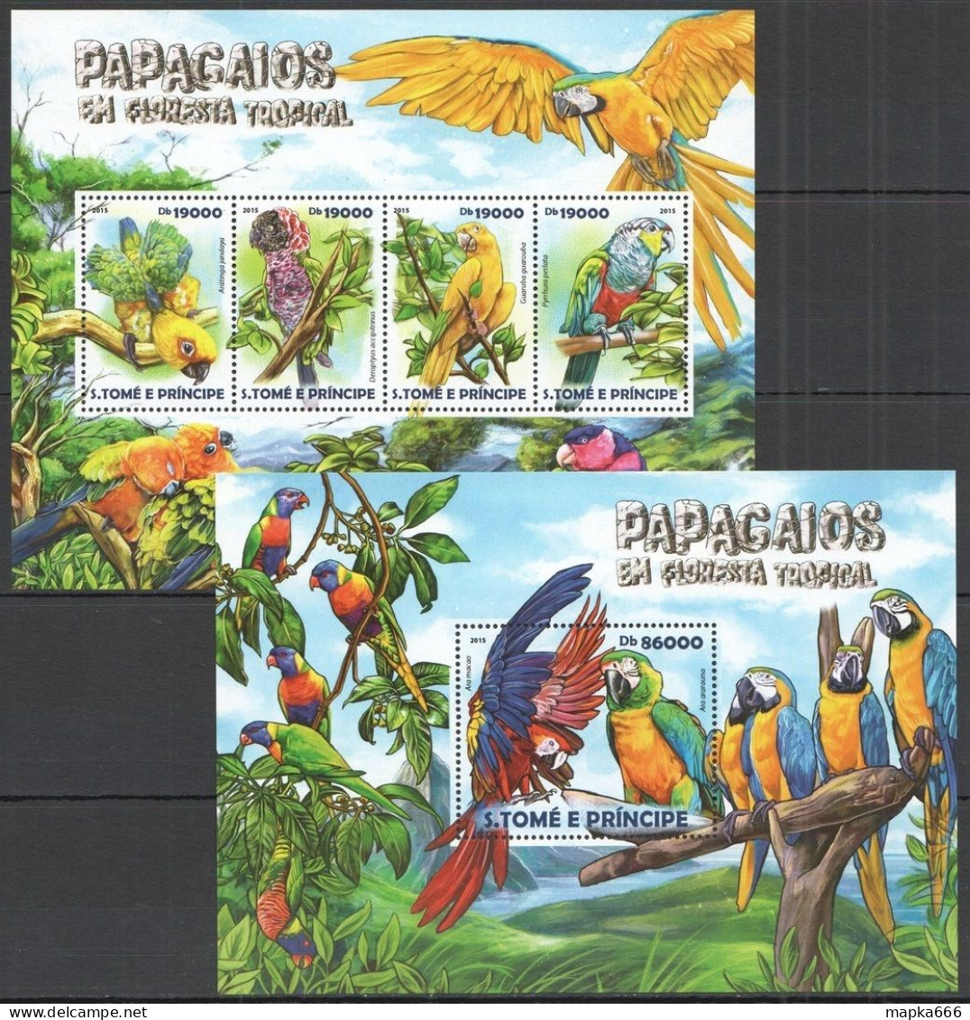 St1491 2015 S. Tome & Principe Fauna Birds Parrots Kb+Bl Mnh - Sonstige & Ohne Zuordnung