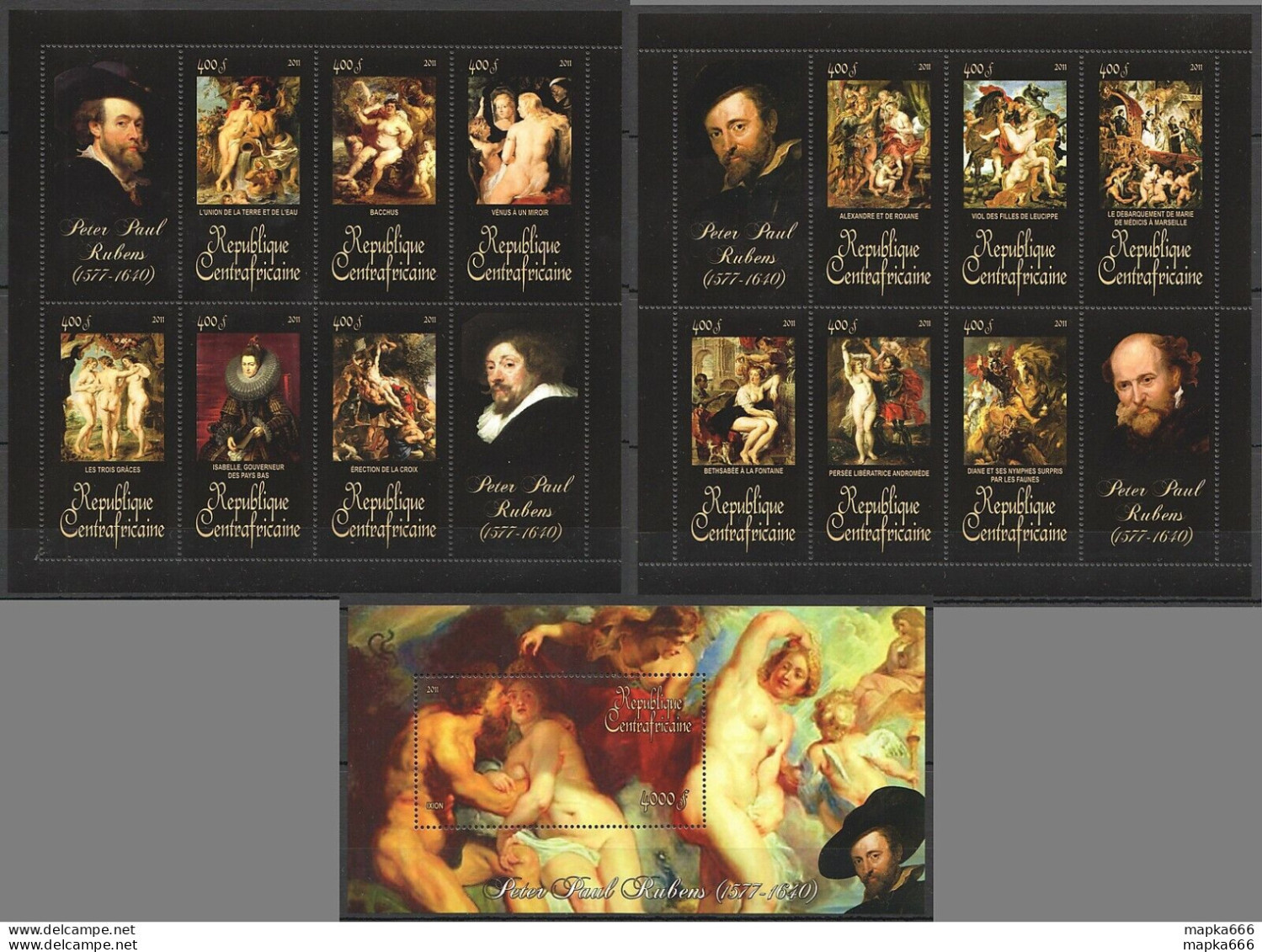 Ca1060 2011 Central Africa Art Peter Paul Rubens 1577-1640 Bl+2Kb Mnh - Altri & Non Classificati