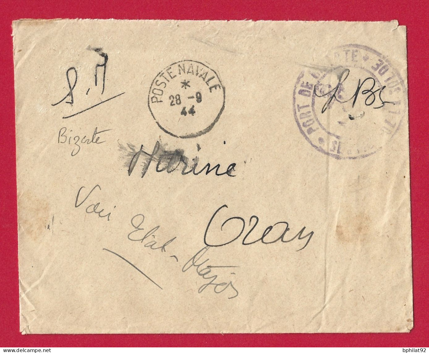 !!! LETTRE EN FRANCHISE OBLITÉRATION CACHET POSTE NAVALE MUET EN PROVENANCE DE BIZERTE, TUNISIE DE SEPTEMBRE 1944 - Correo Naval