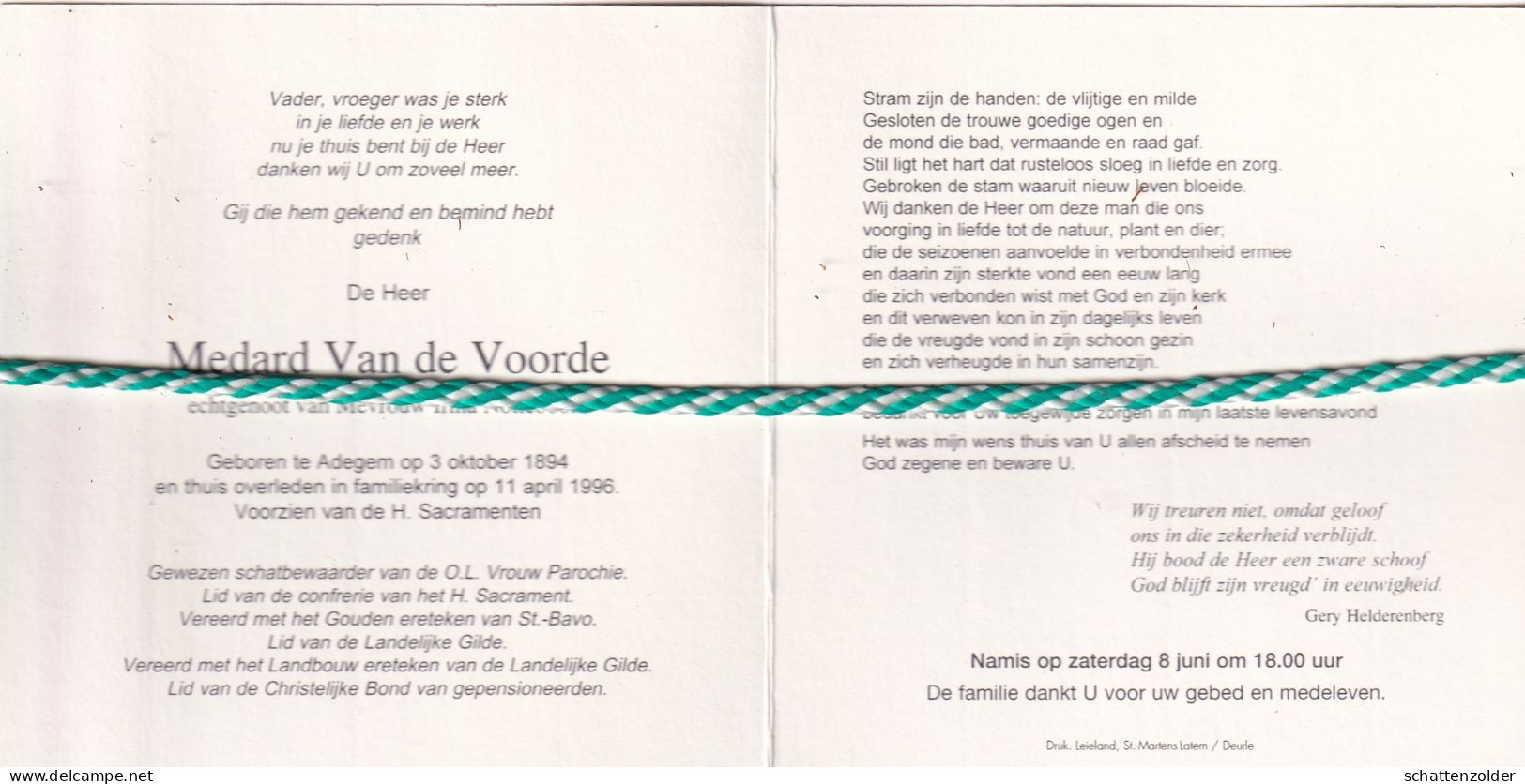 Medard Van De Voorde-Notteboom, Adegem 1894, 1996. Honderdjarige - Obituary Notices