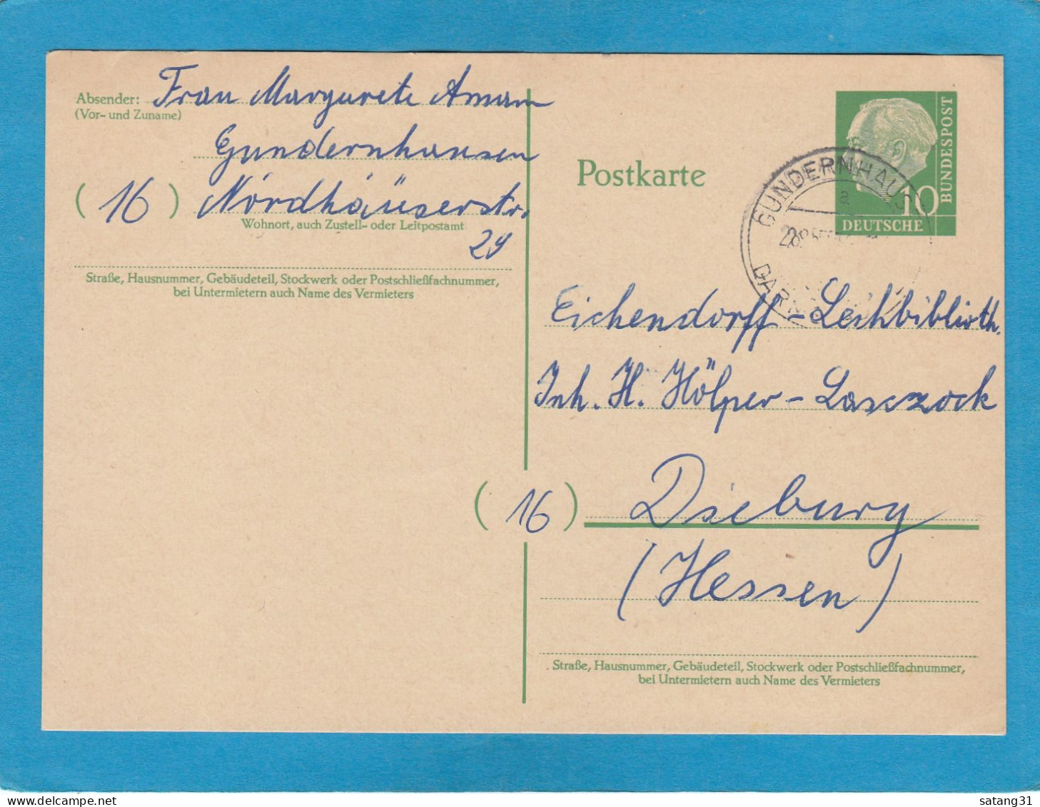 GANZSACHE MIT STEMPEL " GUNDERNHAUSEN ". - Cartes Postales - Oblitérées