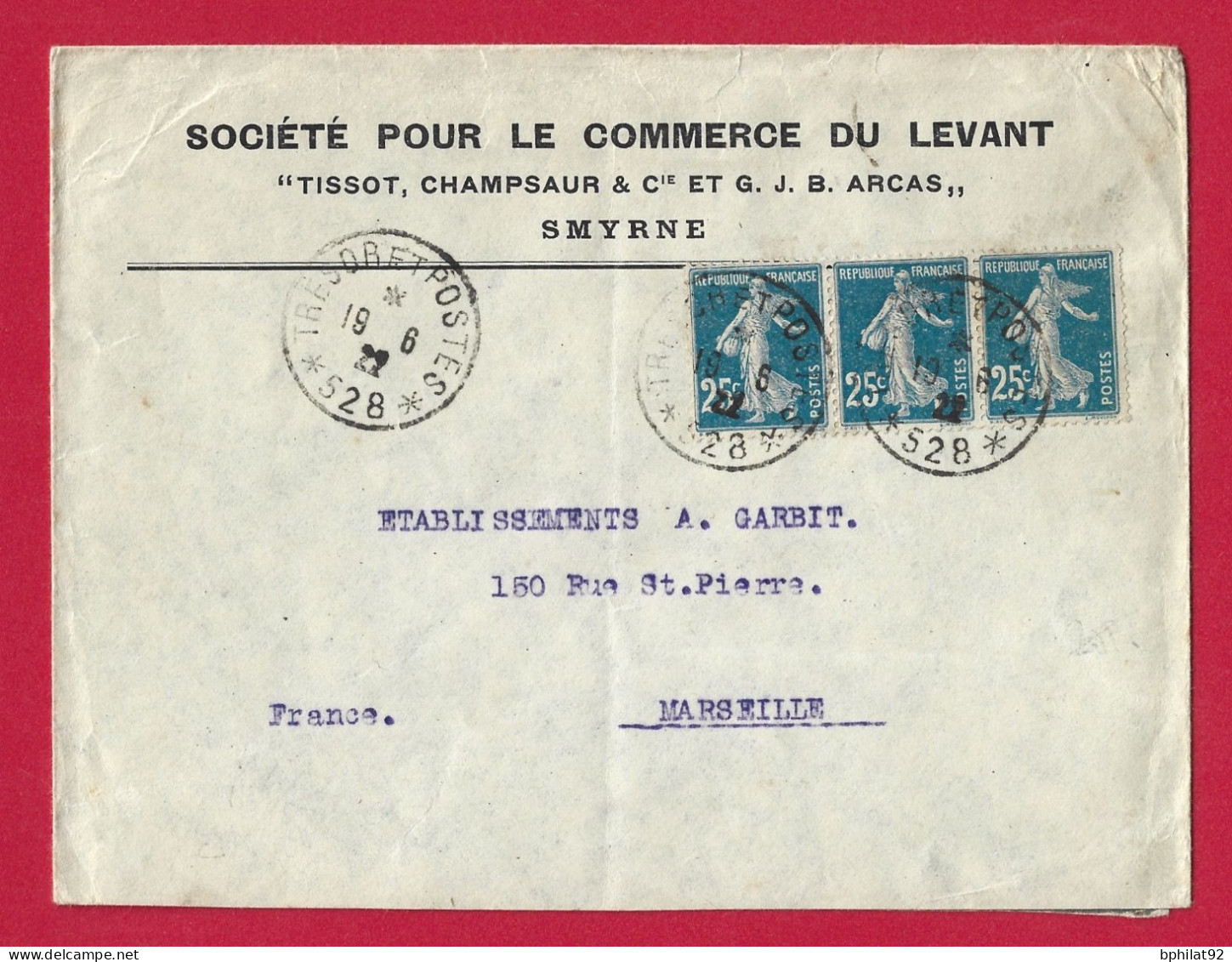 !!! LEVANT, LETTRE CACHET TRÉSOR ET POSTES 528 SMYRNE POUR MARSEILLE DE 1922 - Brieven En Documenten