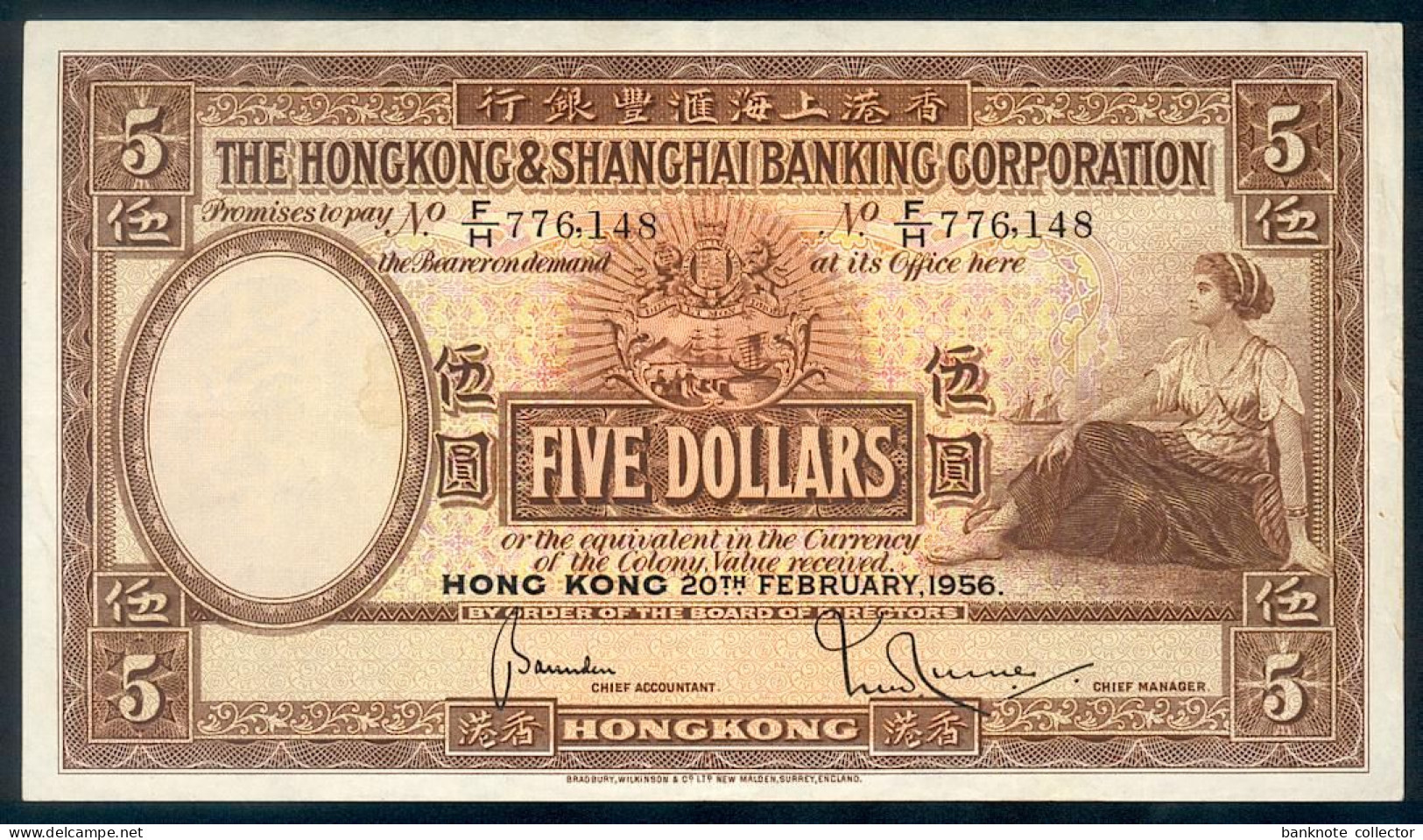 Hong Kong - 5 Dollars - Pick 180a - 1956 - Sehr Selten ! - Hong Kong