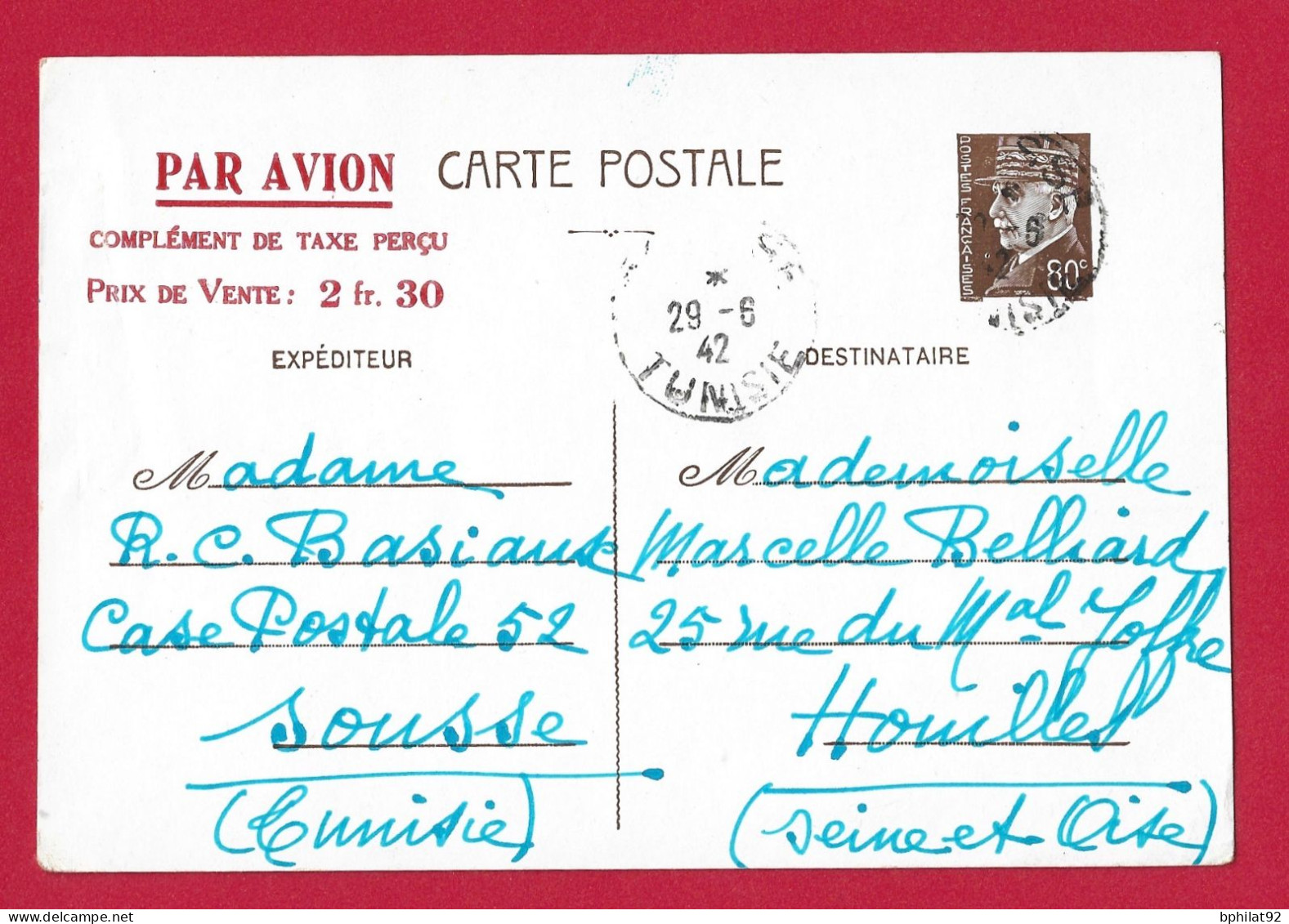 !!! TUNISIE, ENTIER POSTAL PAR AVION DE SOUSSE POUR LA FRANCE DE JUIN 1942 - Airmail