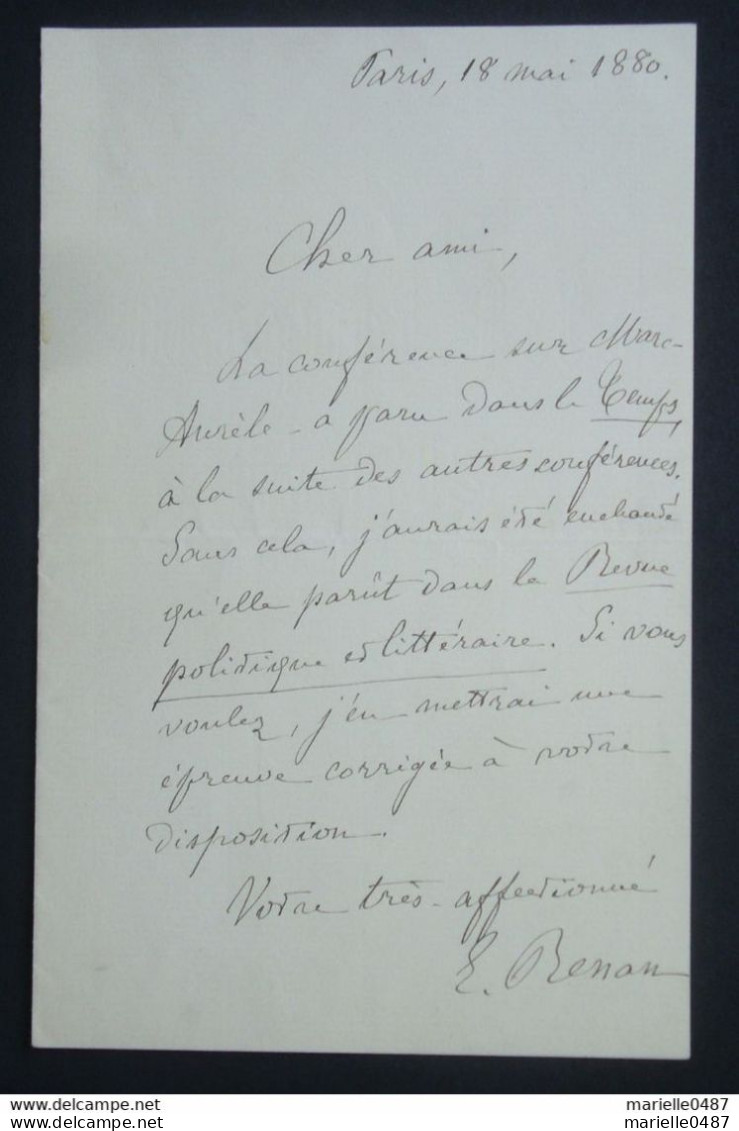 Ernest Renan (1823-1892) Lette Autographe Signée Et Datée Du 18 Mai 1880 - Ecrivains