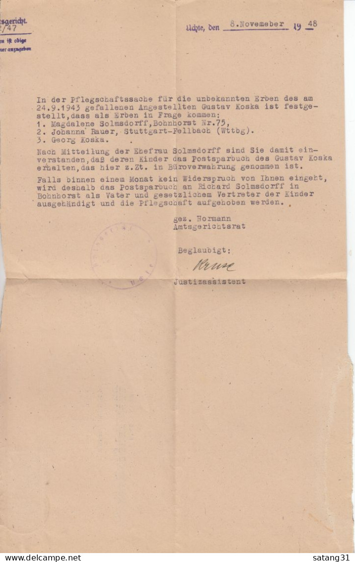 GESCHÄFTSSTELLE DES AMTSGERICHTS UCHTE. - Lettres & Documents