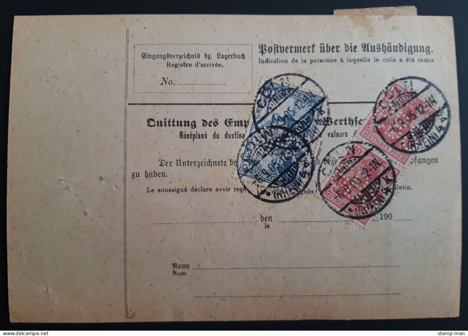 Deutsches Reich. 1905. Paketkarte Cöln-Modena (Italien). MiF MiNr 71(2) Und 82A(2). Perfin GBS (Gebr. Bing Söhne). - Brieven En Documenten