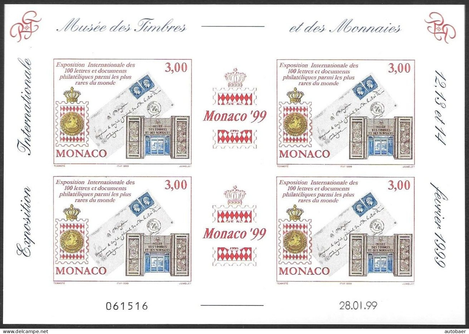 Monaco 1999 Exposition Philatelique International Yv. No. 81 (2190) Michel No. 2441B KB Feuillet** Neuf MNH Unperforated - Blocchi