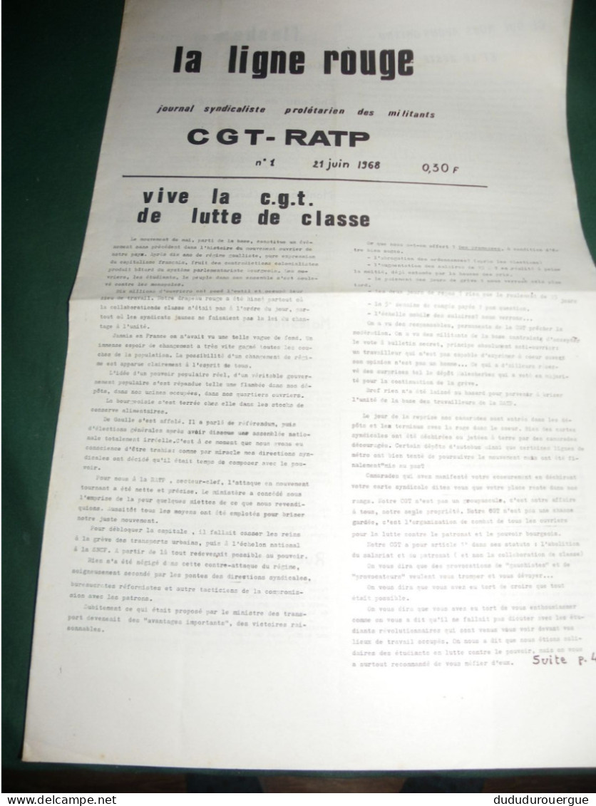 PROPAGANDE  1968 : LA LIGNE ROUGE , JOURNAL SYNDICALISTE PROLETARIEN DES MILIATNTS CGT - RATP   , LE N° 1 - Ohne Zuordnung