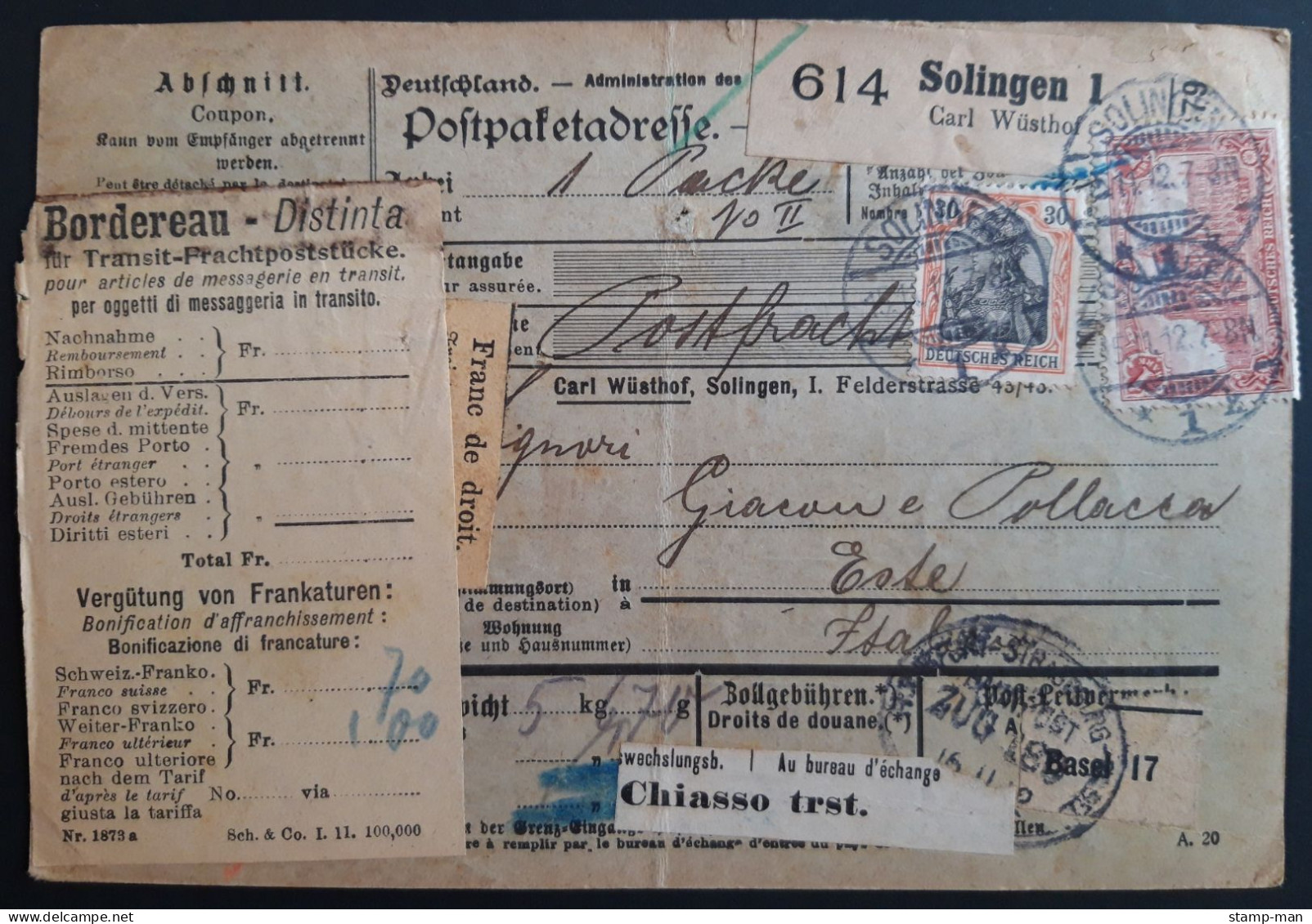 Deutsches Reich. 1912. Paketkarte Solingen-Italien. MiF MiNr 85I(2), 89I, 90I(2), 94AI. - Brieven En Documenten