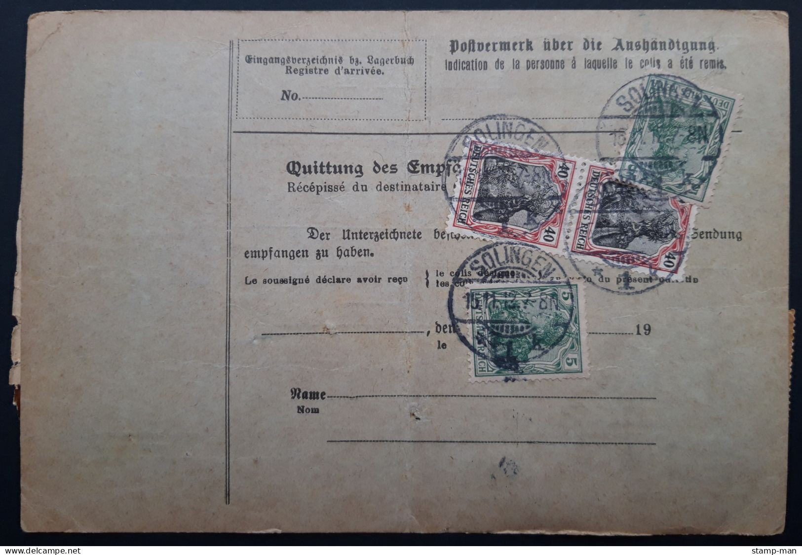 Deutsches Reich. 1912. Paketkarte Solingen-Italien. MiF MiNr 85I(2), 89I, 90I(2), 94AI. - Cartas & Documentos