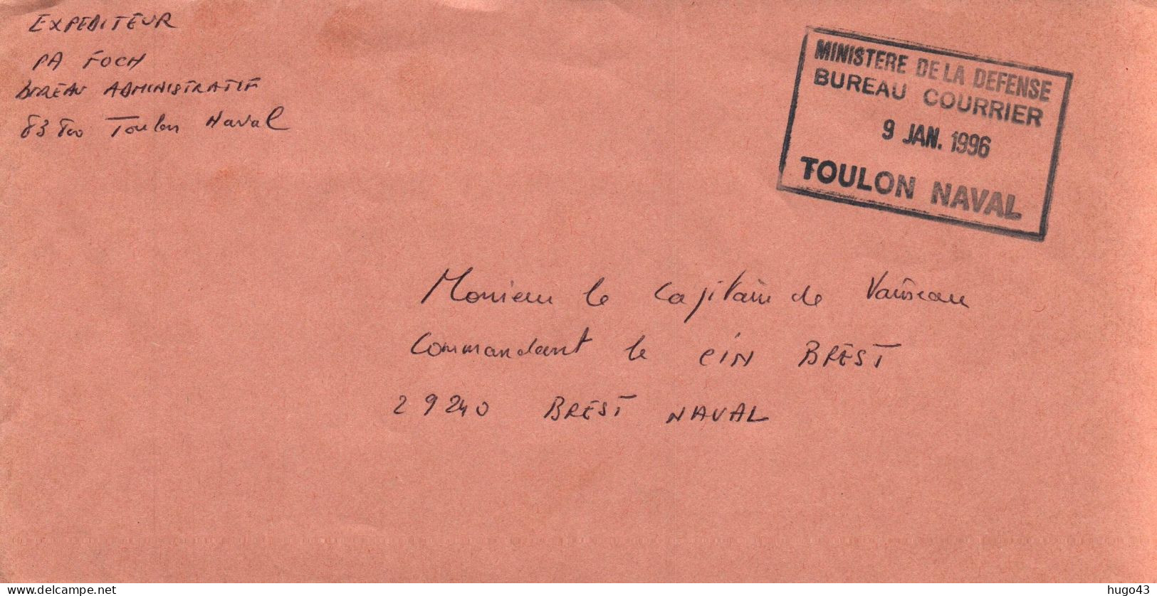 ENVELOPPE AVEC CACHET MINISTERE DE LA DEFENSE - BUREAU COURRIER LE 09/1/1996 - TOULON NAVAL - Seepost