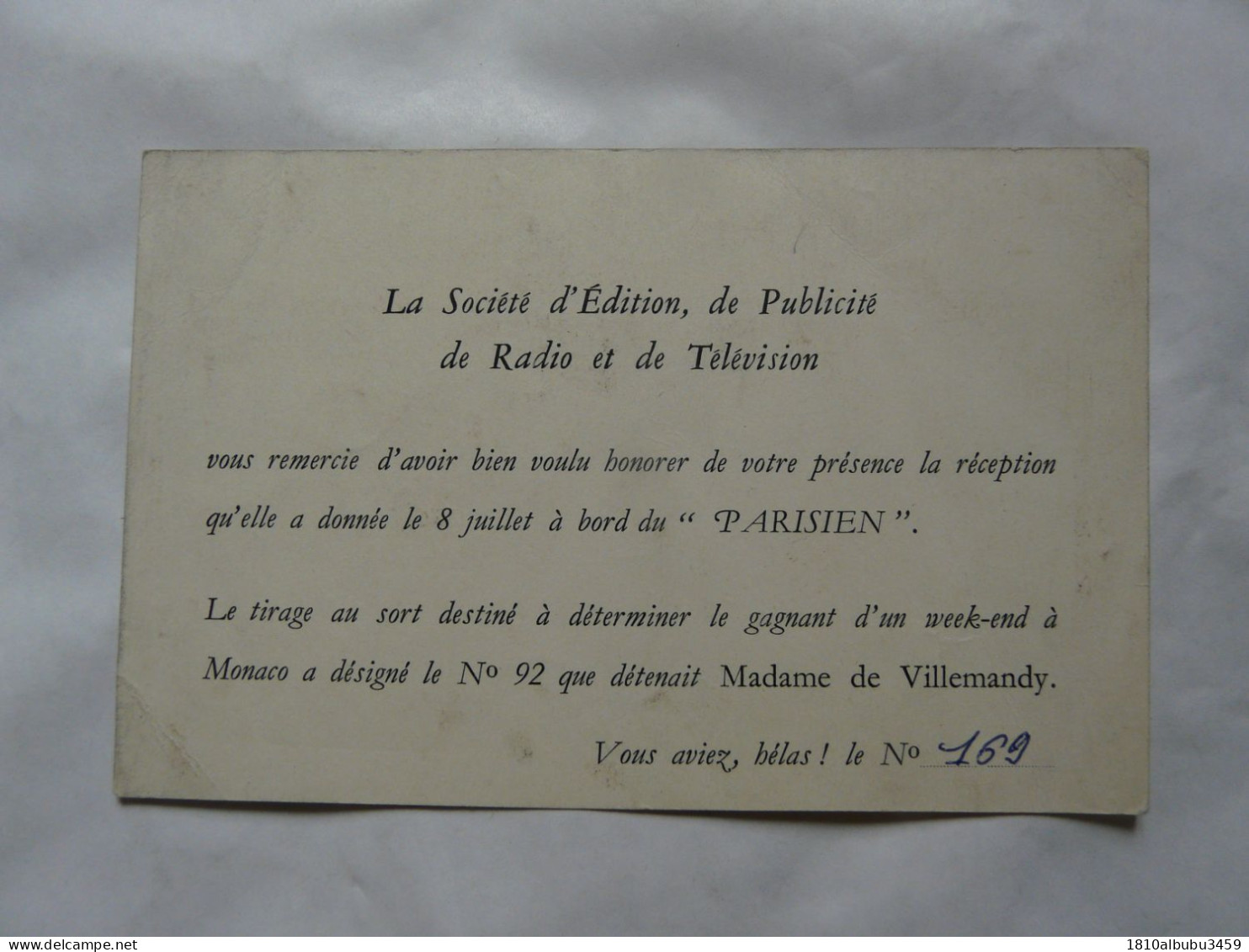 CROISIERE-COCKTAIL 1954 - S.E.R.T. -TIRAGE AU SORT : Réception à Bord Du "PARISIEN" - Mme De VILLEMANDY - Advertising