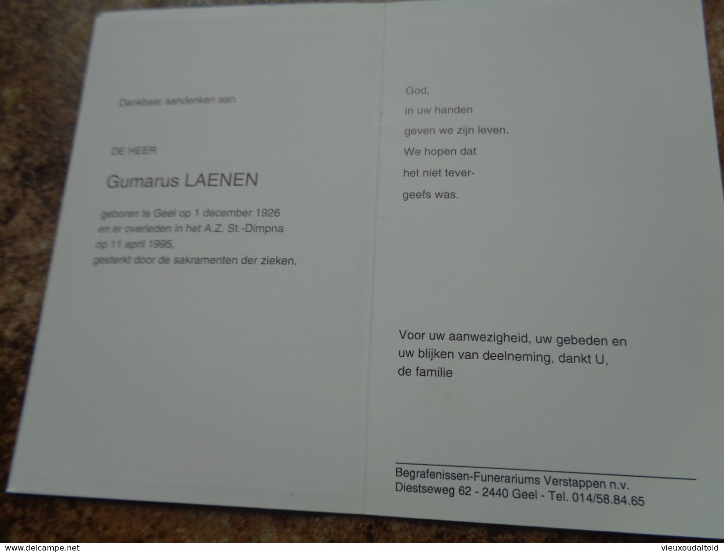Doodsprentje/Bidprentje  Gumanus LAENEN   Geel 1926-1995 - Godsdienst & Esoterisme