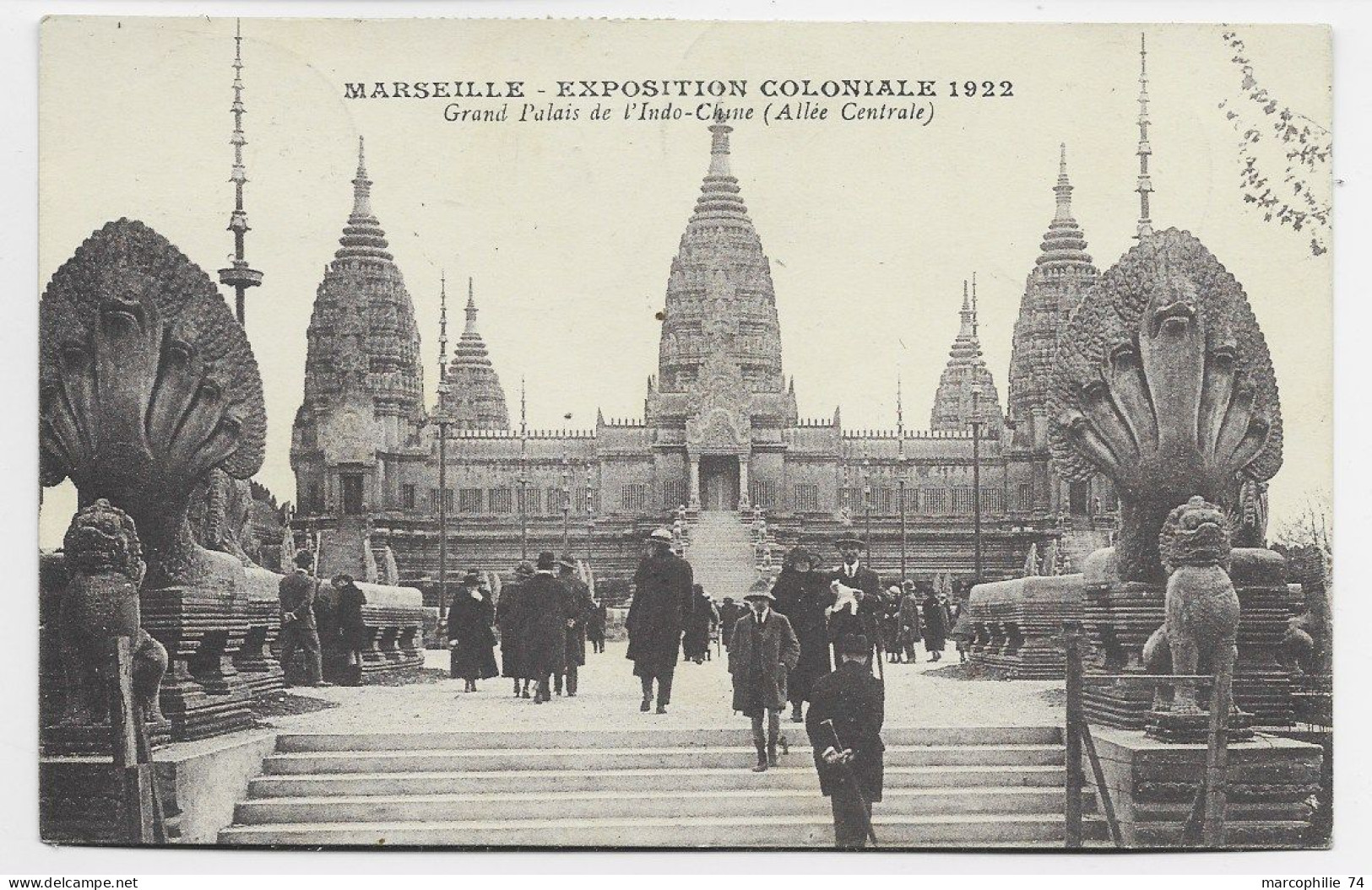 SEMEUSE 5C JAUNEX4 TIMBRE  DATE EXPO COLONIALE MARSEILLE 14.5.1922 SUR  CARTE CONCORDANTE GRAND PALAIS INDOCHINE - 1921-1960: Modern Period