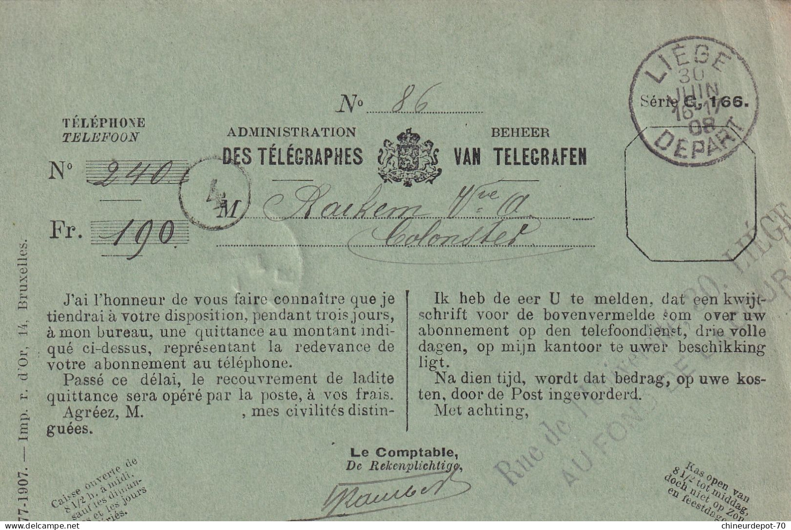 Lettres & Documents  Belgique België Belgium   Administration Des Télégraphes   1908 - Autres & Non Classés
