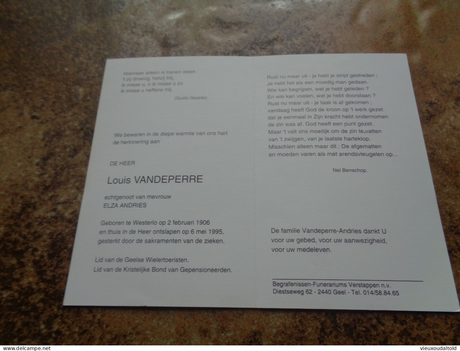 Doodsprentje/Bidprentje  Louis VANDEPERRE   Westerlo 1906-1995  (Echtg Elza Andries) - Godsdienst & Esoterisme