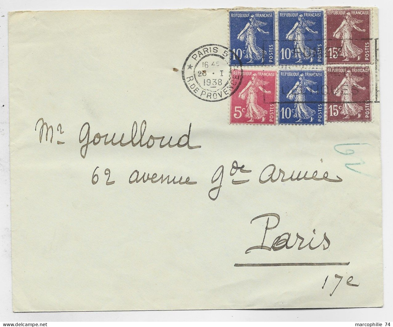 SEMEUSE 5C ROSE +10CX+15CX2 LETTRE MEC PARIS 20.1.1938 AU TA RIF - 1921-1960: Modern Period