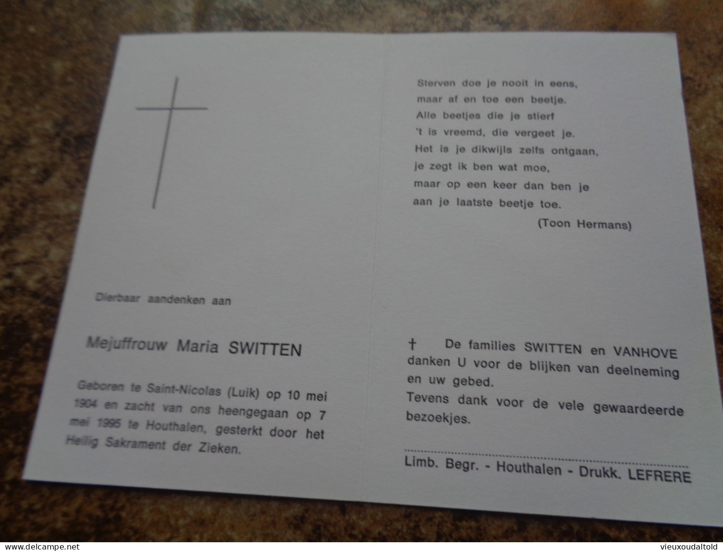 Doodsprentje/Bidprentje  Maria SWITTEN   St Nicolas (Luik) 1904-1995 Houthalen - Religión & Esoterismo