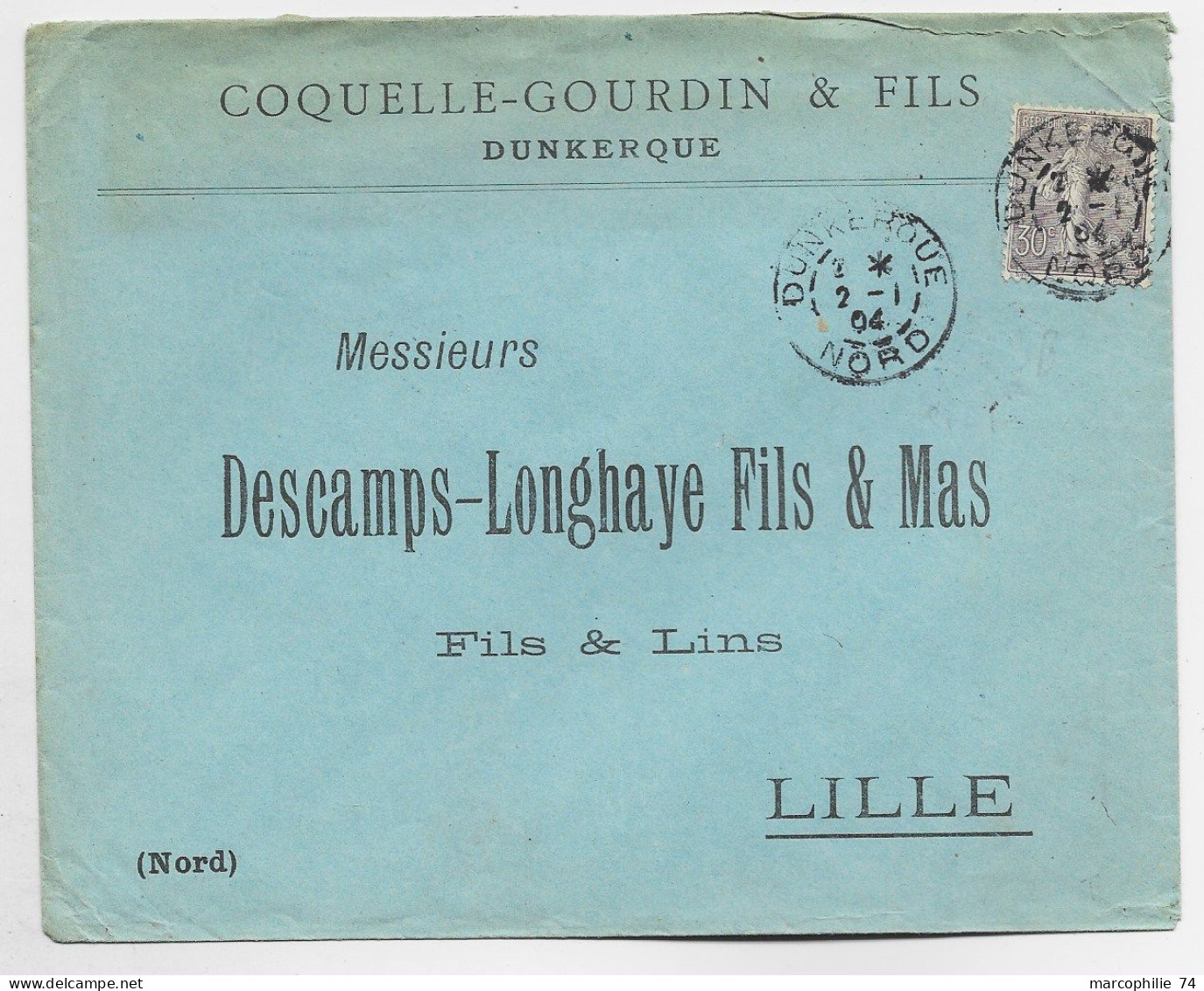 SEMEUSE 30C LIGNEE N°133 SEUL LETTRE DUNKERQUE 2.1.1904 NORD AU TARIF - 1877-1920: Période Semi Moderne