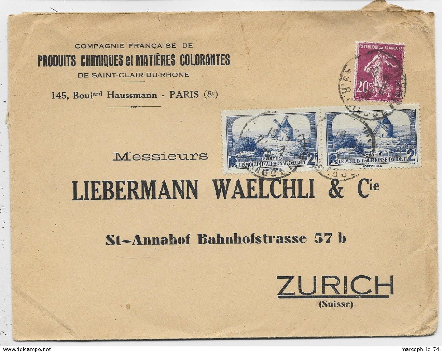 FRANCE DAUDET 2FRX2+20C SEMEUSE LILAS LETTRE PARIS 1936 POUR SUISSE TARIF 4ME - 1921-1960: Période Moderne