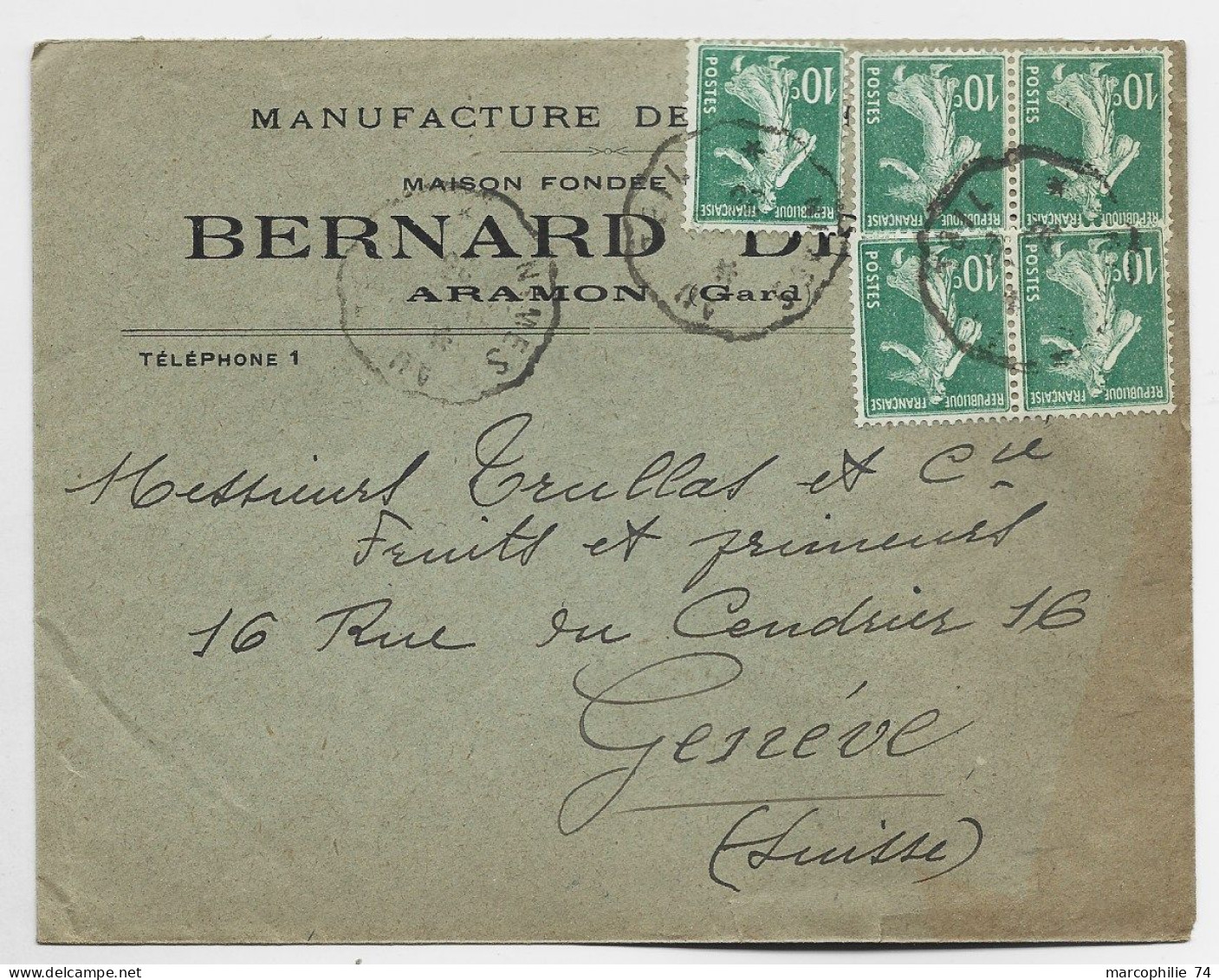 FRANCE SEMEUSE 10C VERTX5 LETTRE ENTETE MANUFACTURE ARAMON GARD + CONVOYEUR 192? - 1921-1960: Periodo Moderno