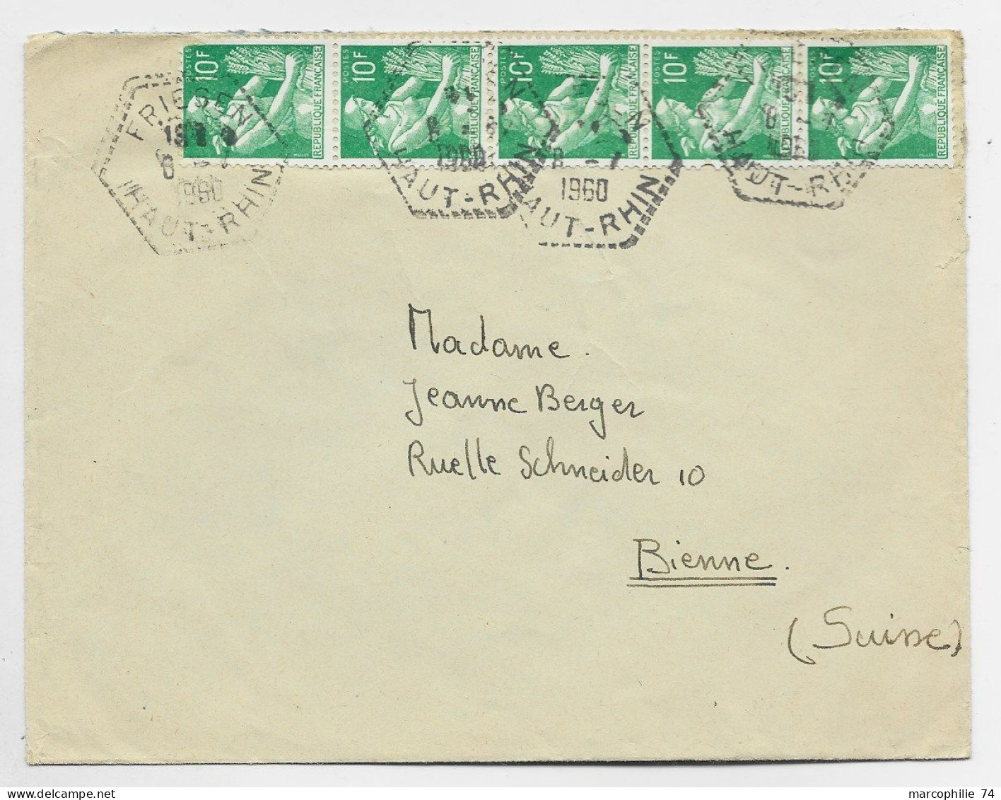 FRANCE MOISSONNEUSE 10FRX5 LETTRE C. HEX PERLE FRIESEN 8.7.1960 HAUT RHIN POUR SUISSE AU TARIF - 1957-1959 Mäherin